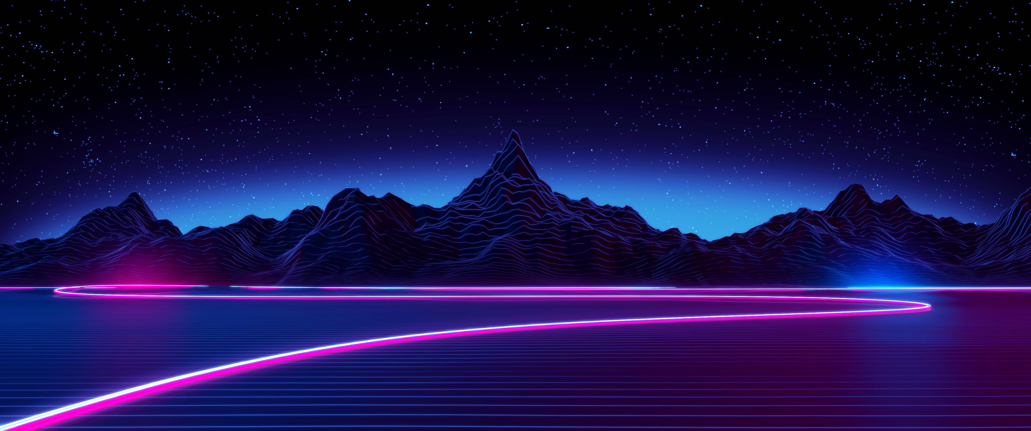 Neon mountains under starry night sky HD Wallpaper
