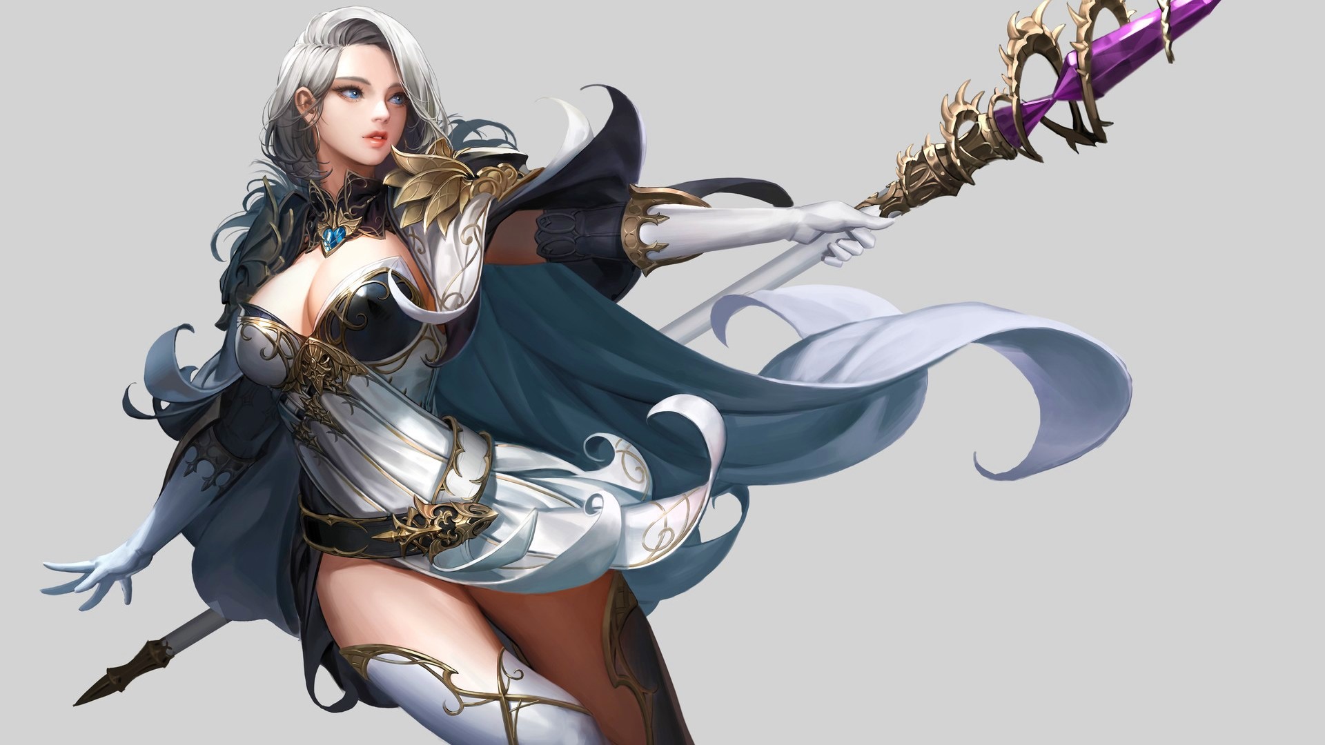 Woman warrior with white hair holding a staff HD Wallpaper