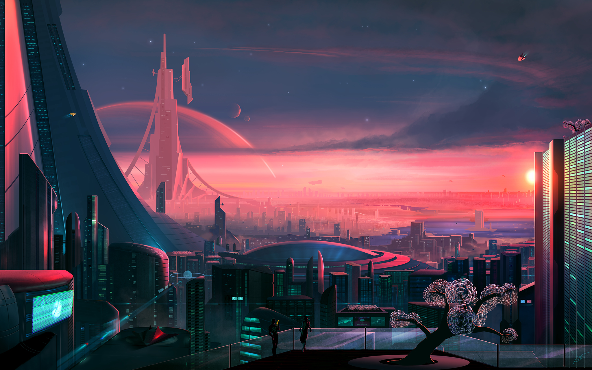Futuristic city cityscape at sunset with planets HD Wallpaper