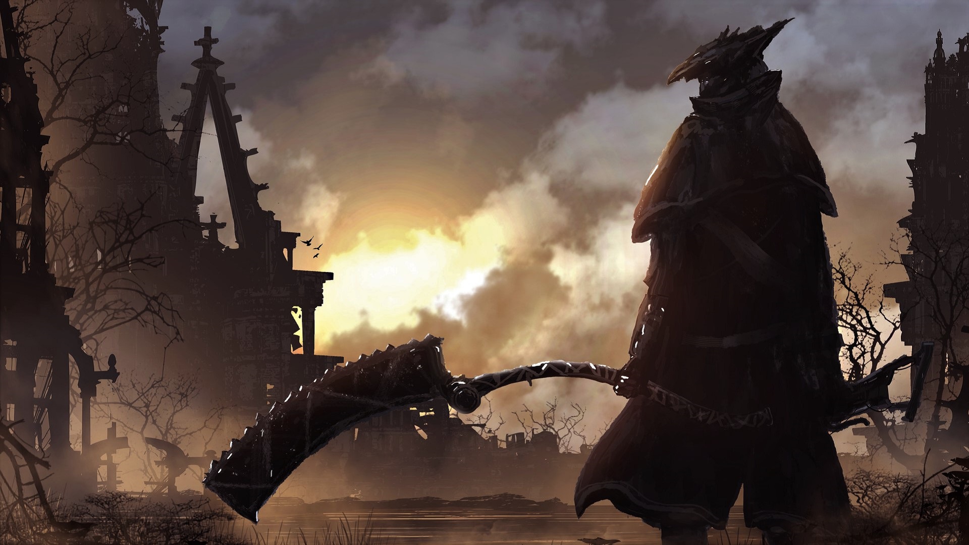 Warrior with a large weapon in a ruined city HD Wallpaper