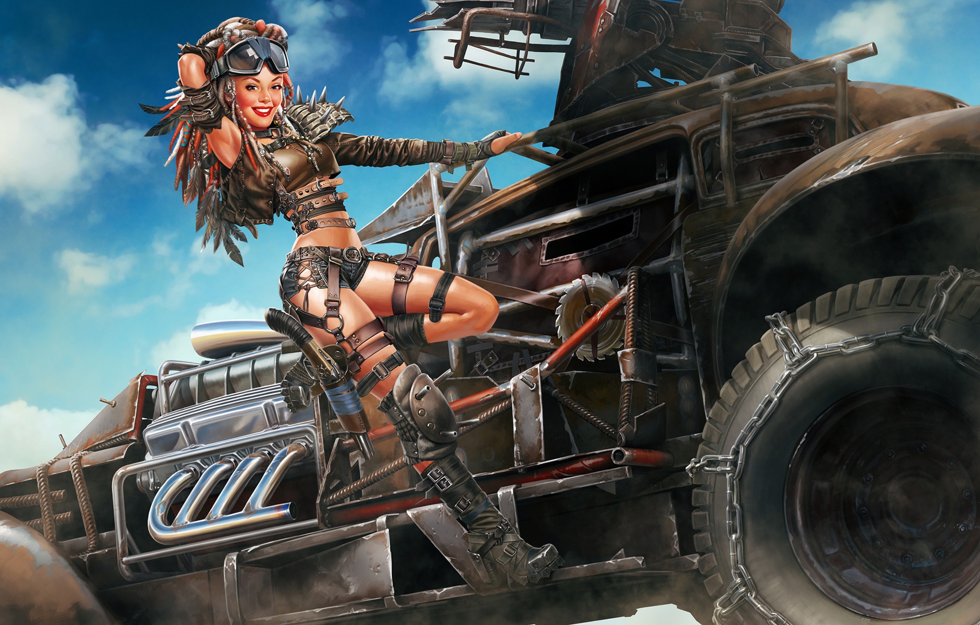 Woman in post-apocalyptic attire on a vehicle HD Wallpaper
