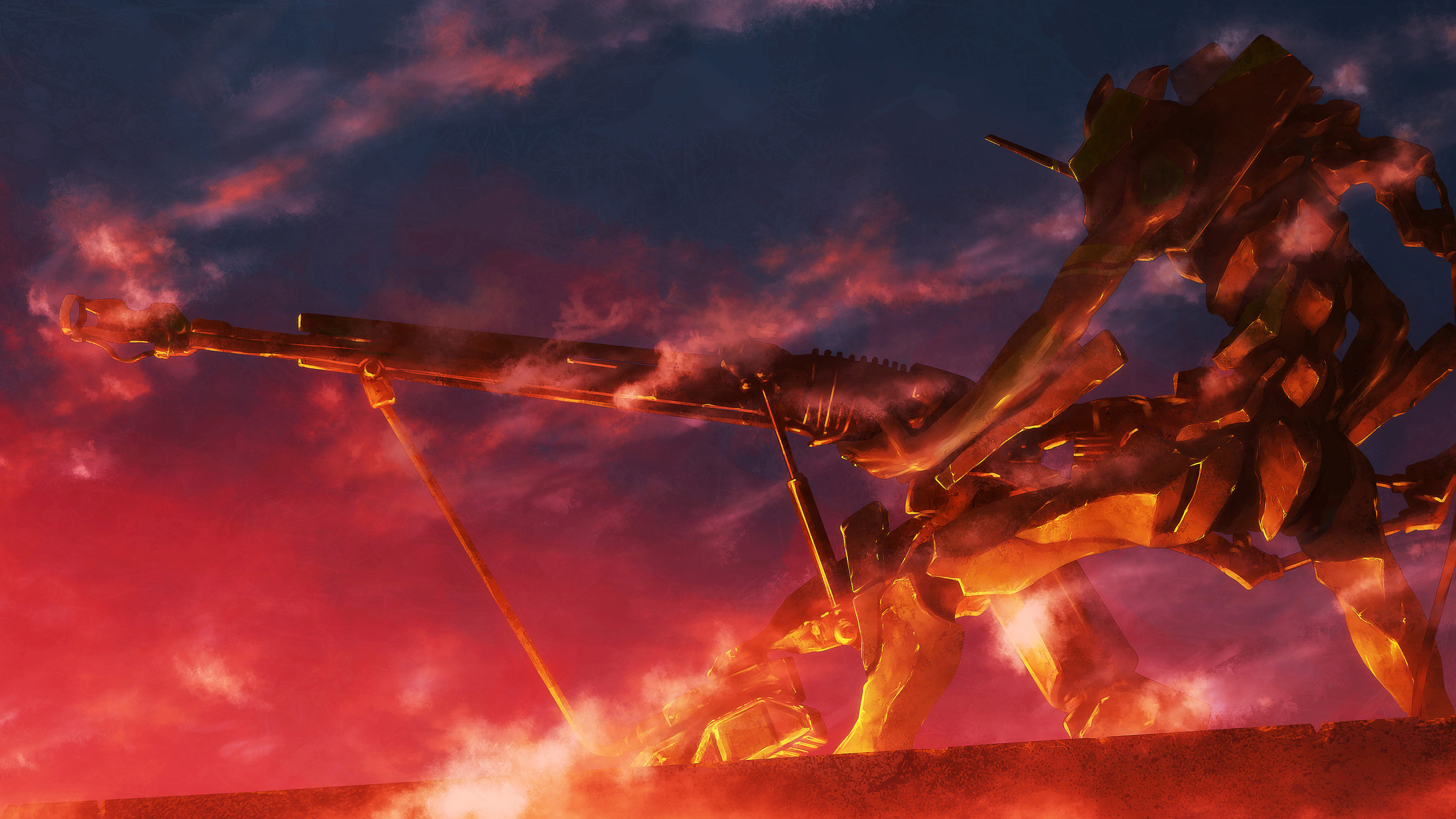 Evangelion Unit-01 with rifle against red sky HD Wallpaper