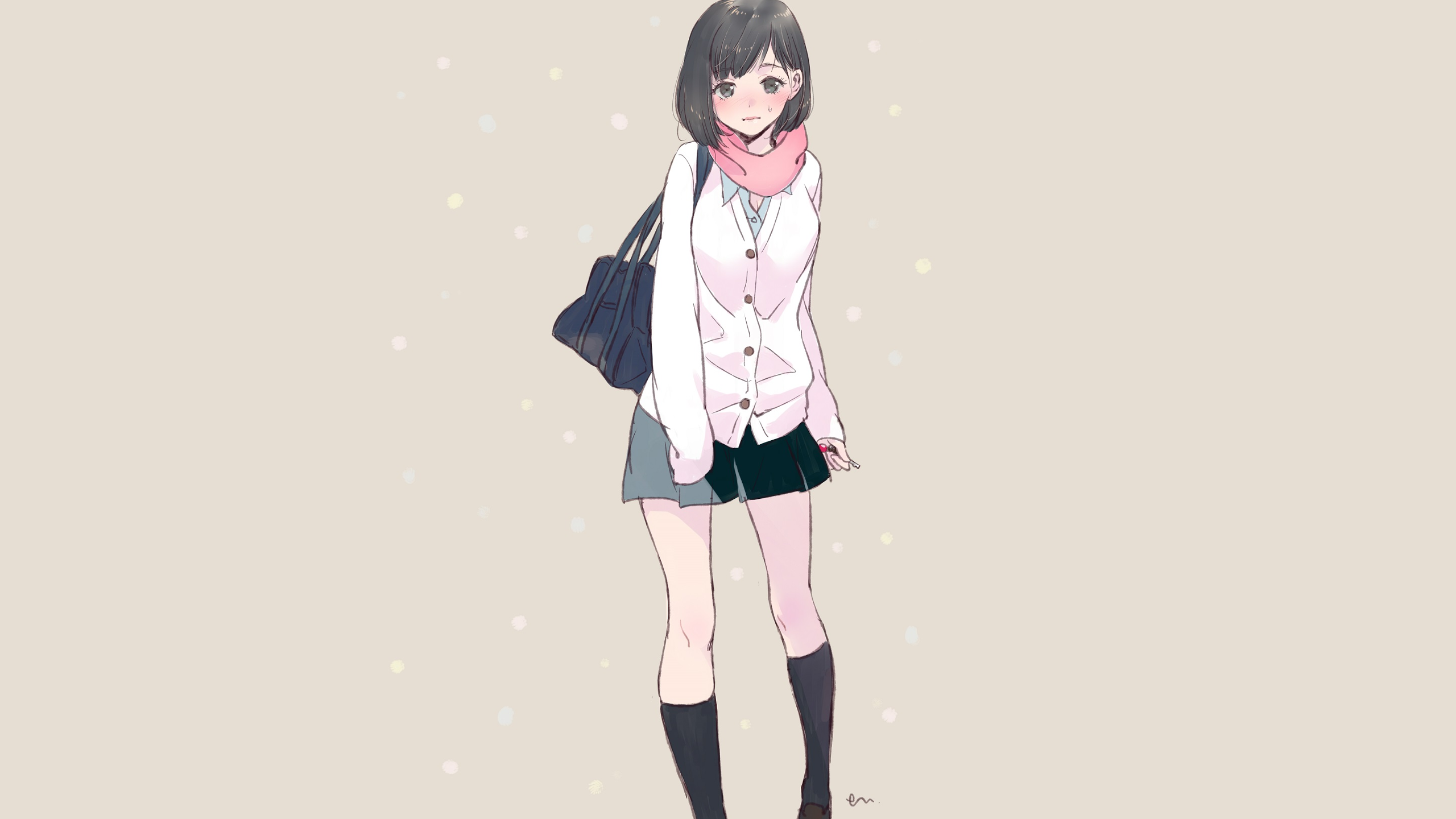 Anime girl with short hair and pink scarf HD Wallpaper