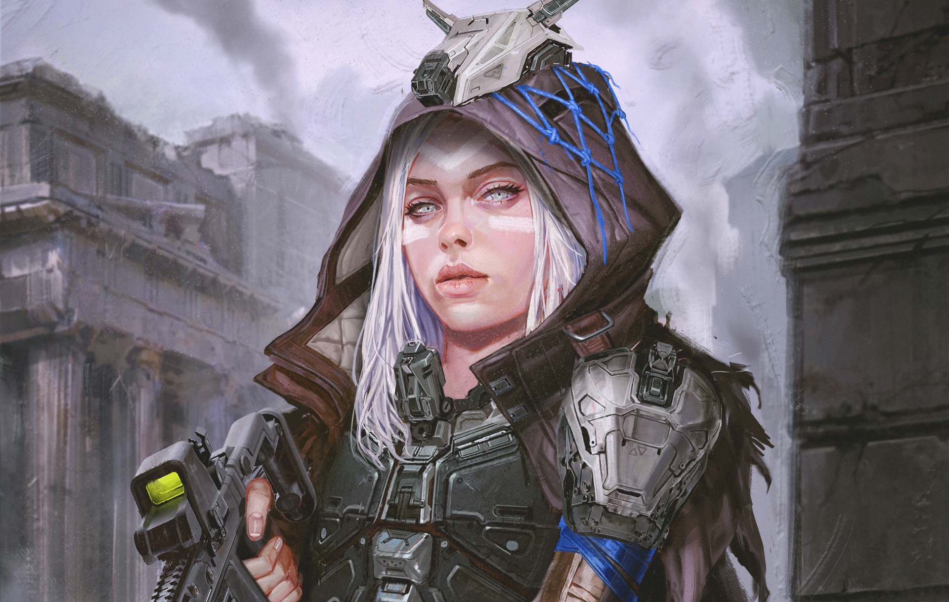 Woman warrior with white hair and futuristic armor HD Wallpaper