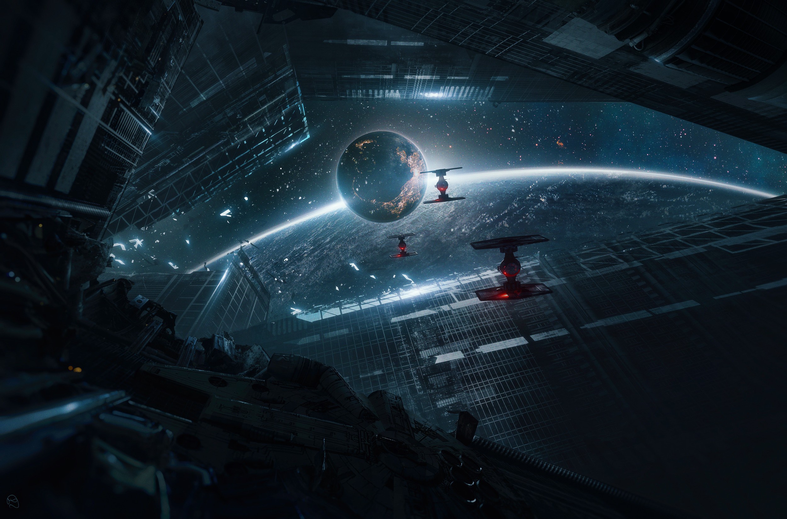 TIE Fighters orbiting a planet near a space station HD Wallpaper
