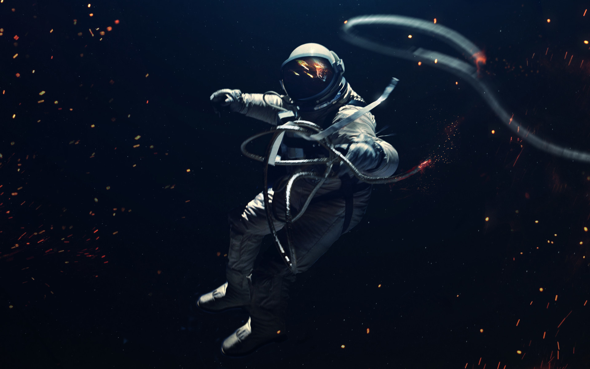 Astronaut floating in space with sparks HD Wallpaper