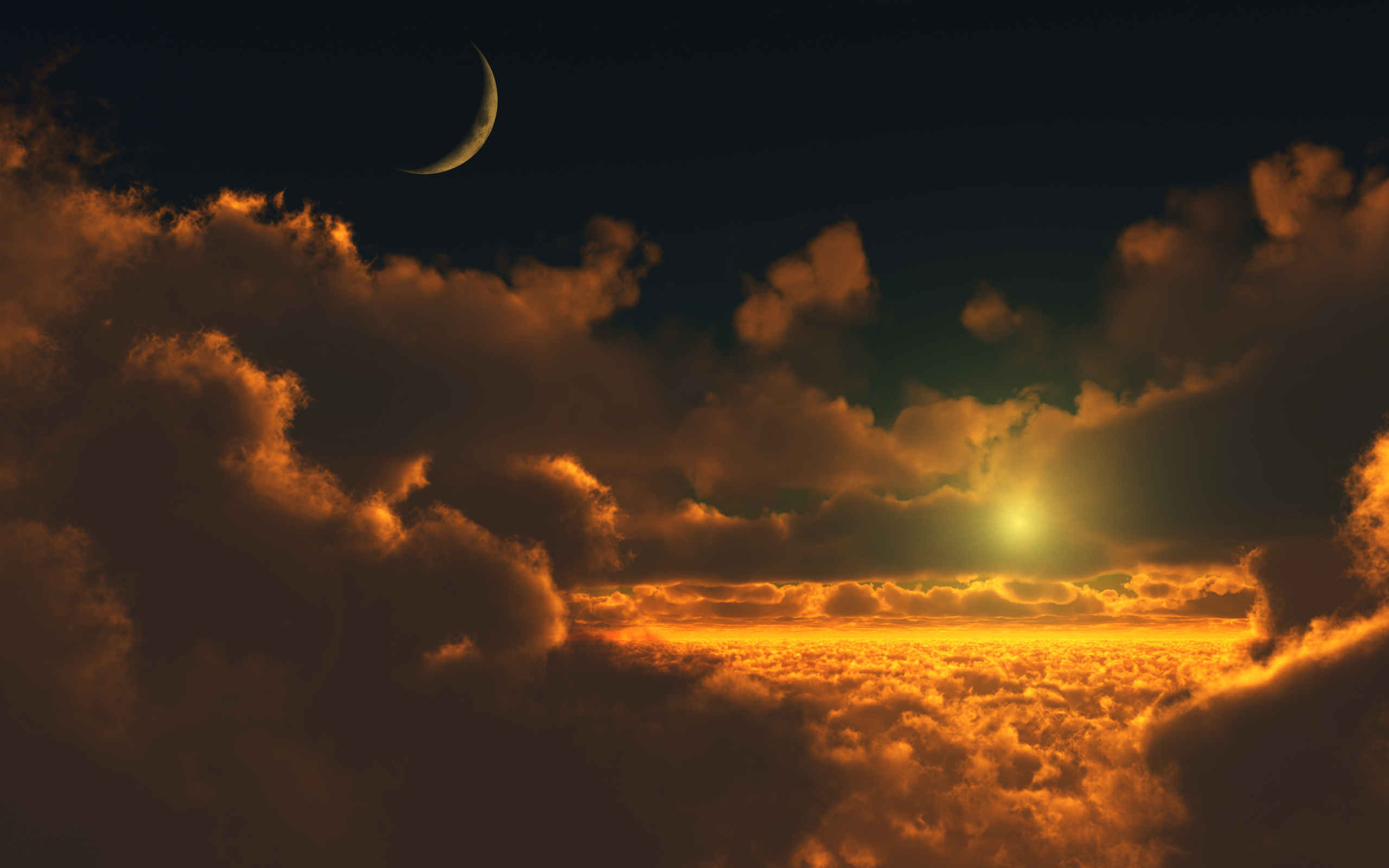 Sunset over clouds with crescent moon HD Wallpaper