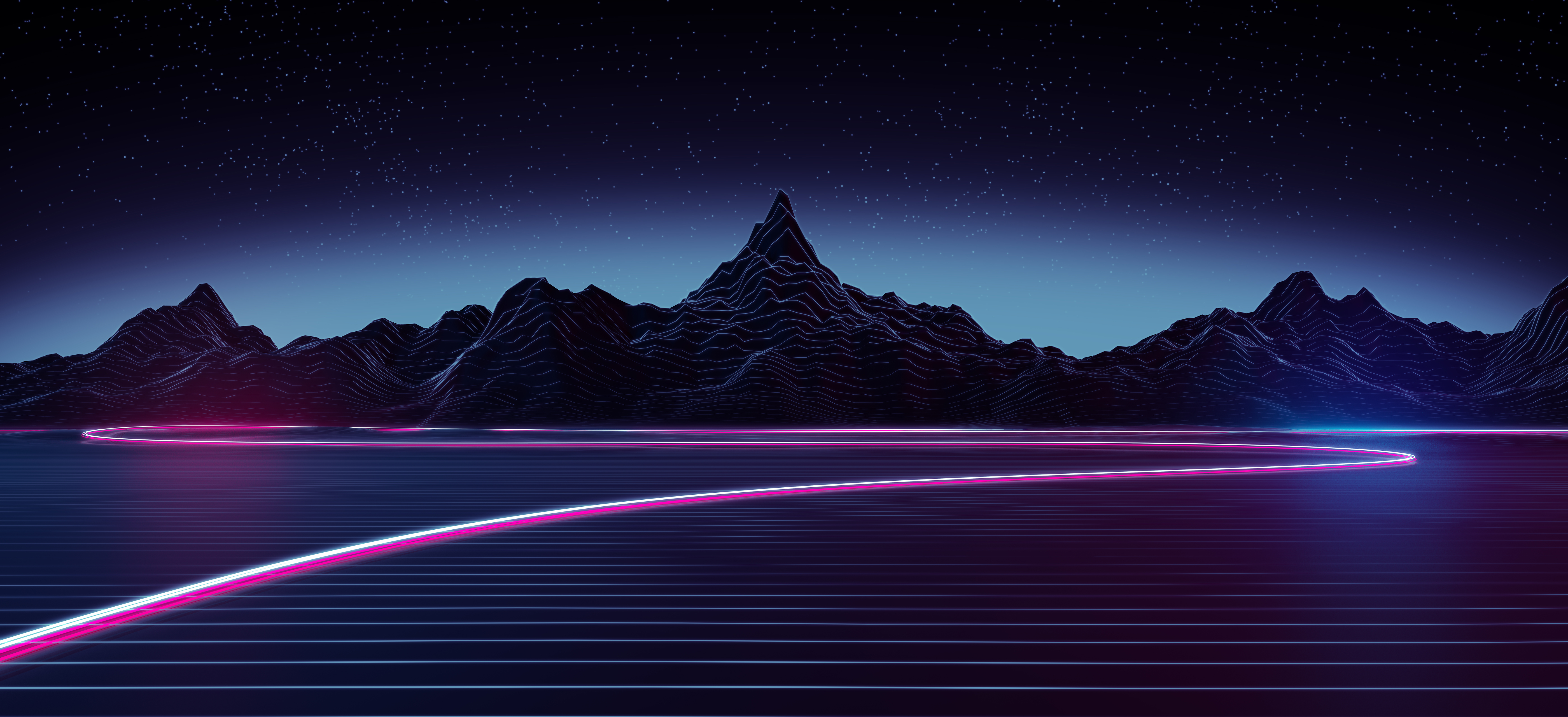 RetroWave Neon Highway Through Mountains Under Starry Sky HD Wallpaper