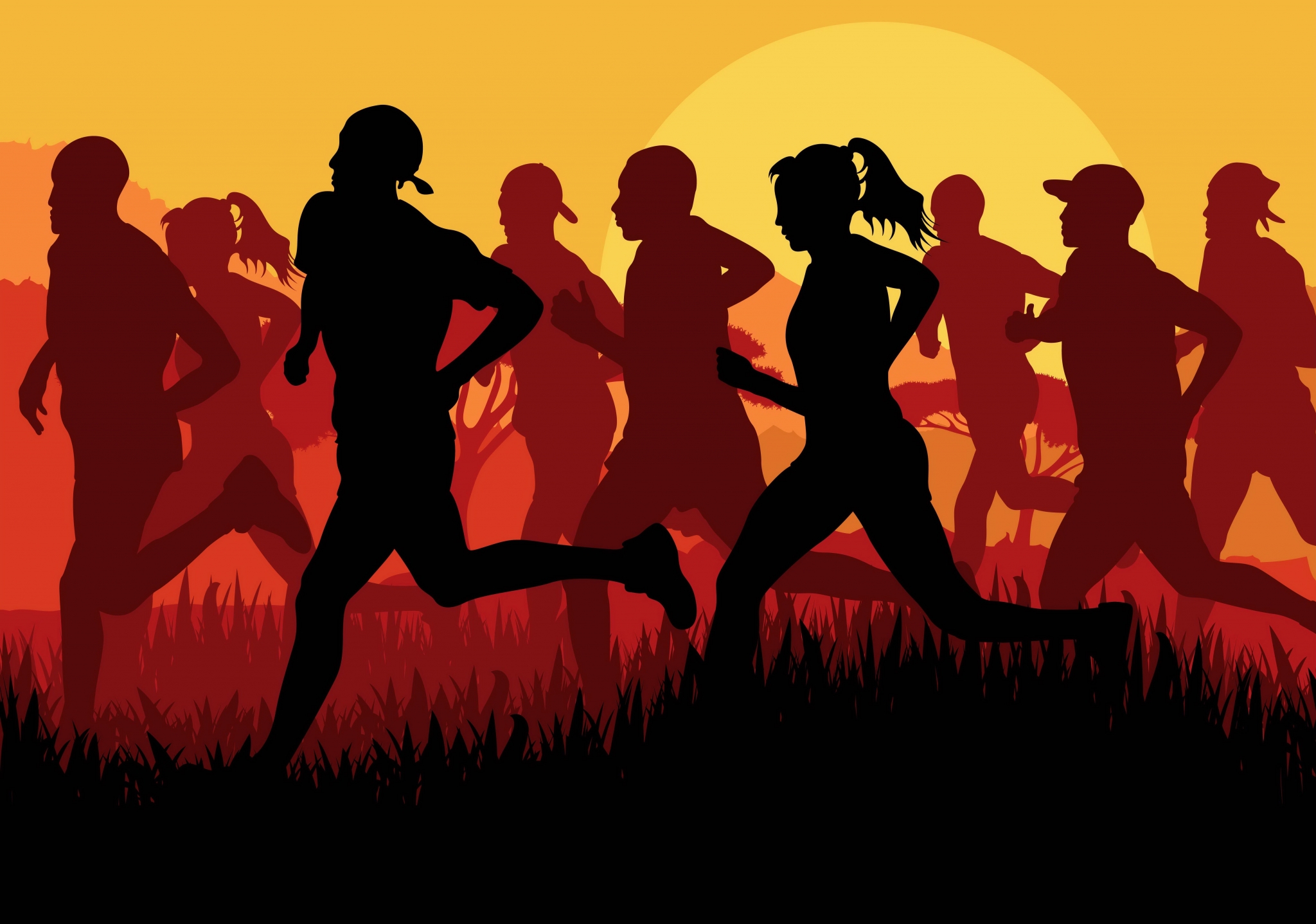 Silhouettes of runners in a race at sunset HD Wallpaper