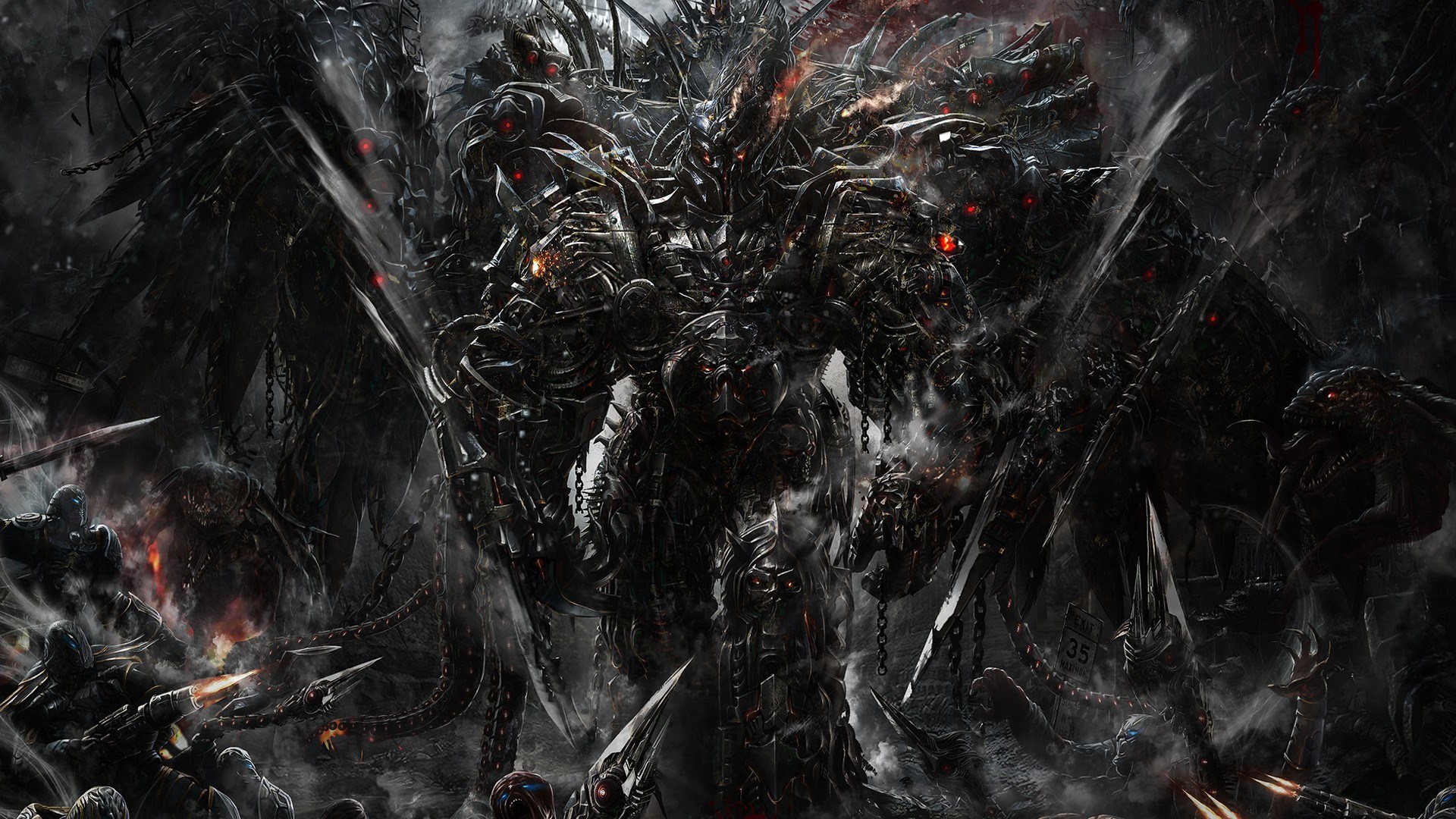 Dark fantasy robot battle with soldiers HD Wallpaper