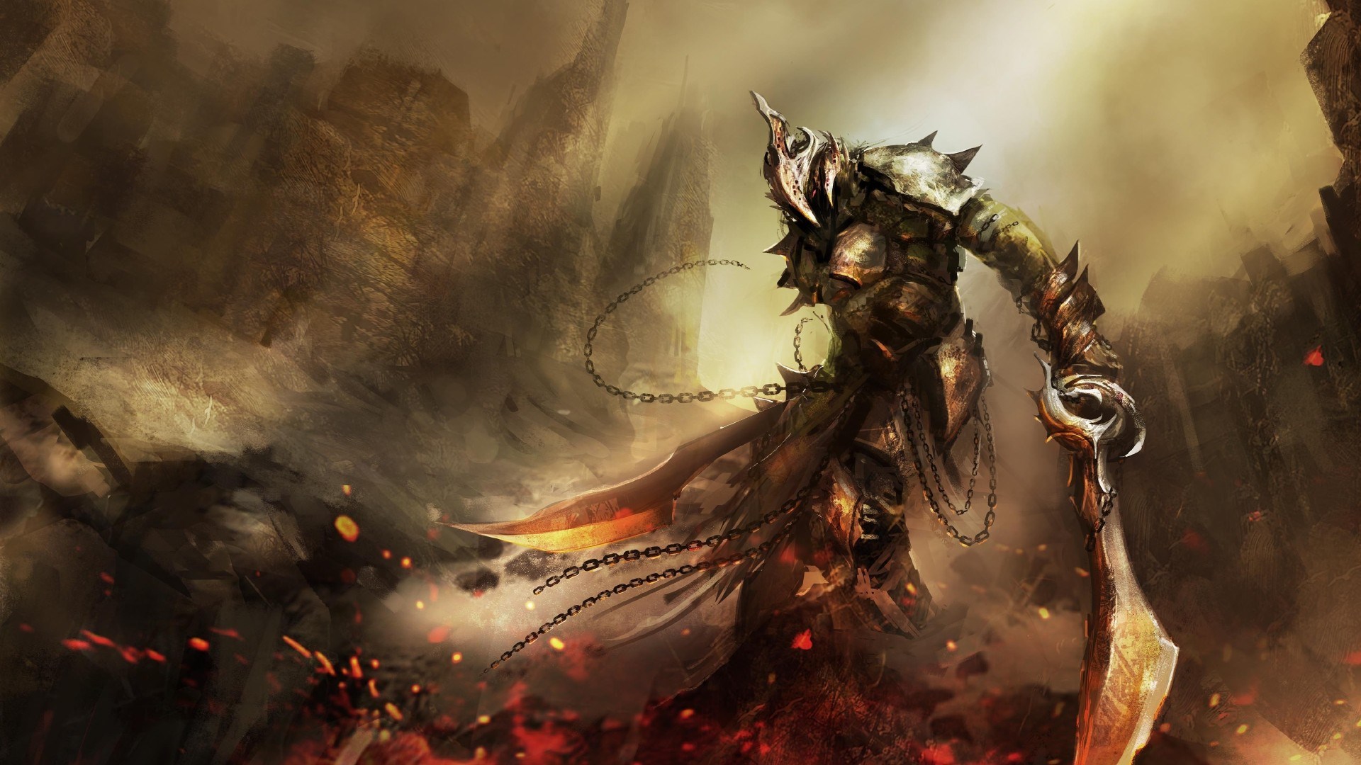 Dark armored warrior with sword in desolate landscape HD Wallpaper