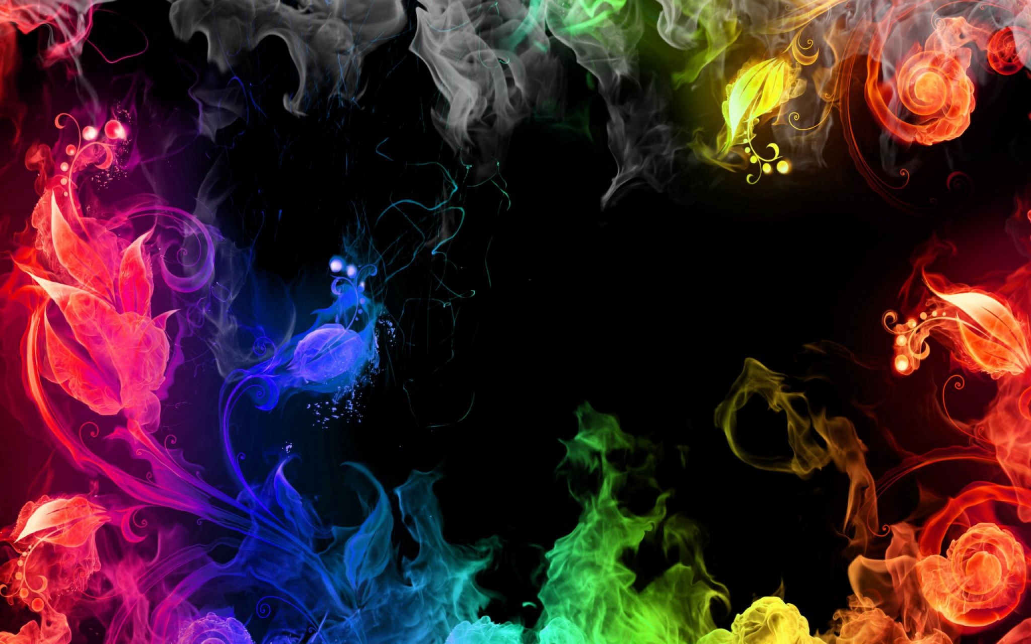 Colorful smoke and floral designs on black background HD Wallpaper