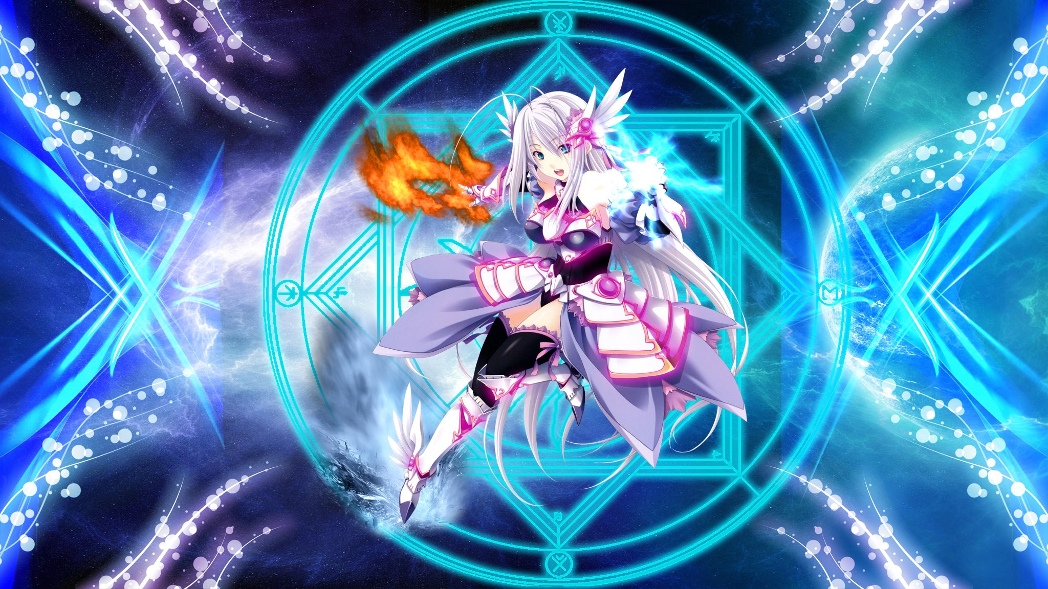 Anime girl with magic circle and elemental attacks HD Wallpaper