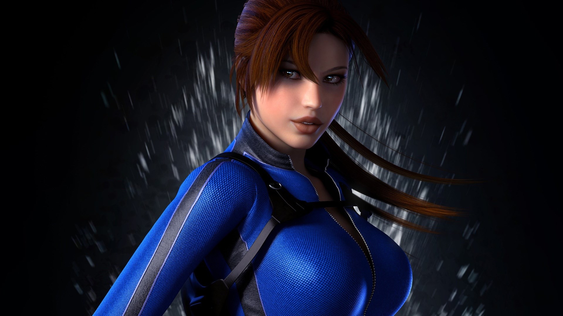 Woman in blue suit with brown hair HD Wallpaper