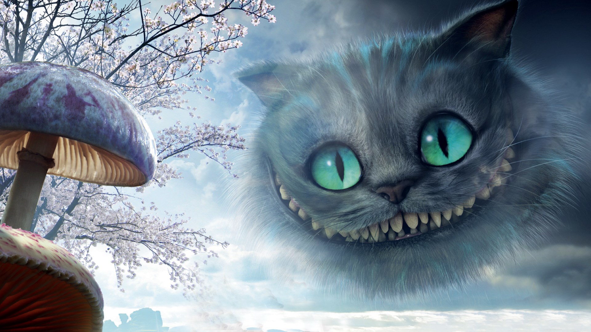 Cheshire Cat and Mushrooms HD Wallpaper