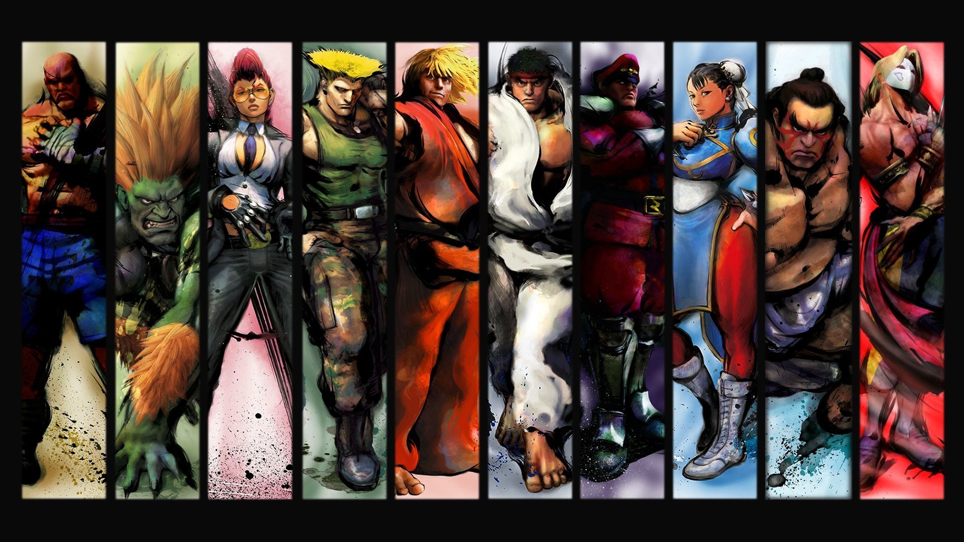 Street Fighter characters in a vertical collage HD Wallpaper
