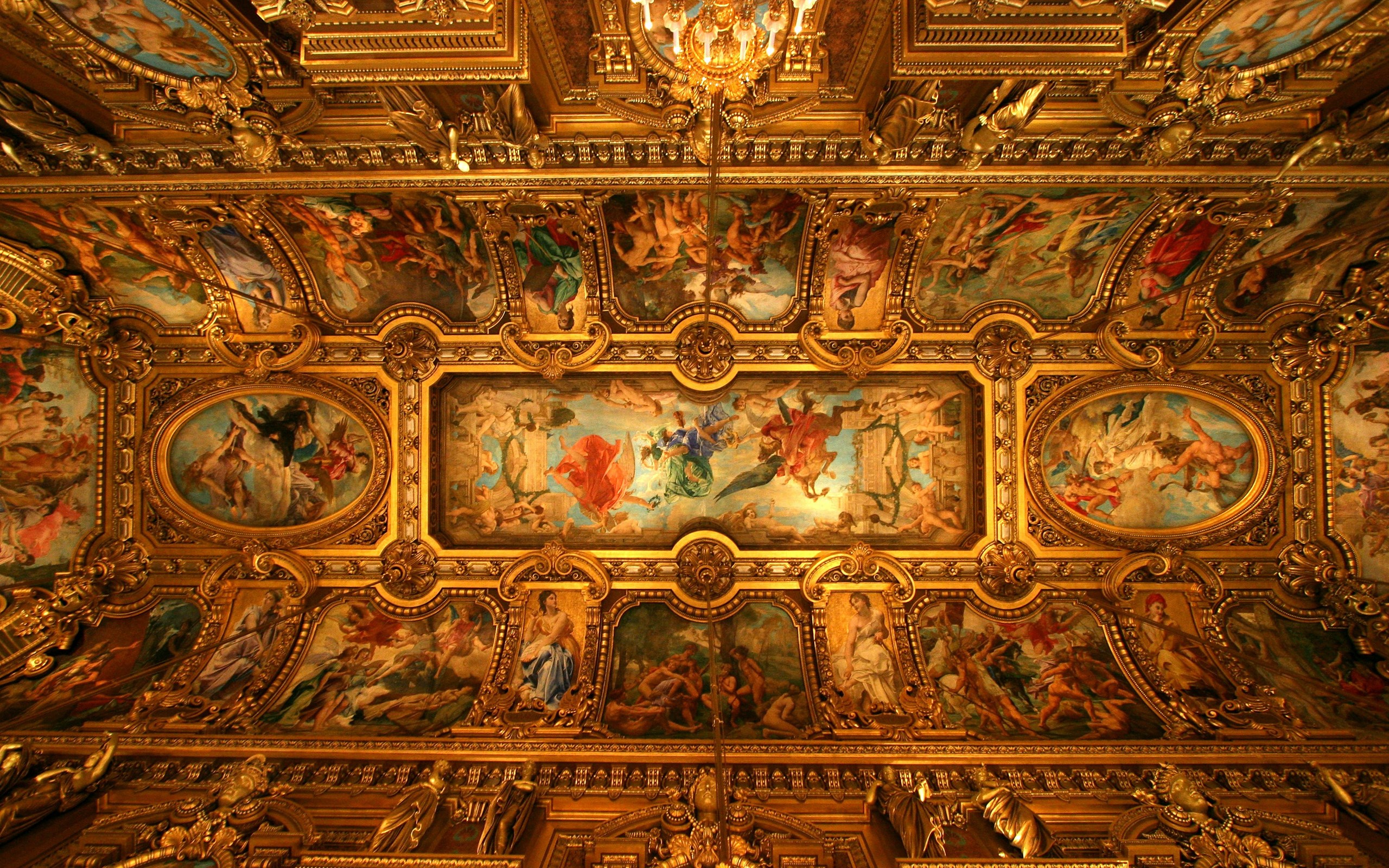 Ornate gilded ceiling with painted frescoes HD Wallpaper