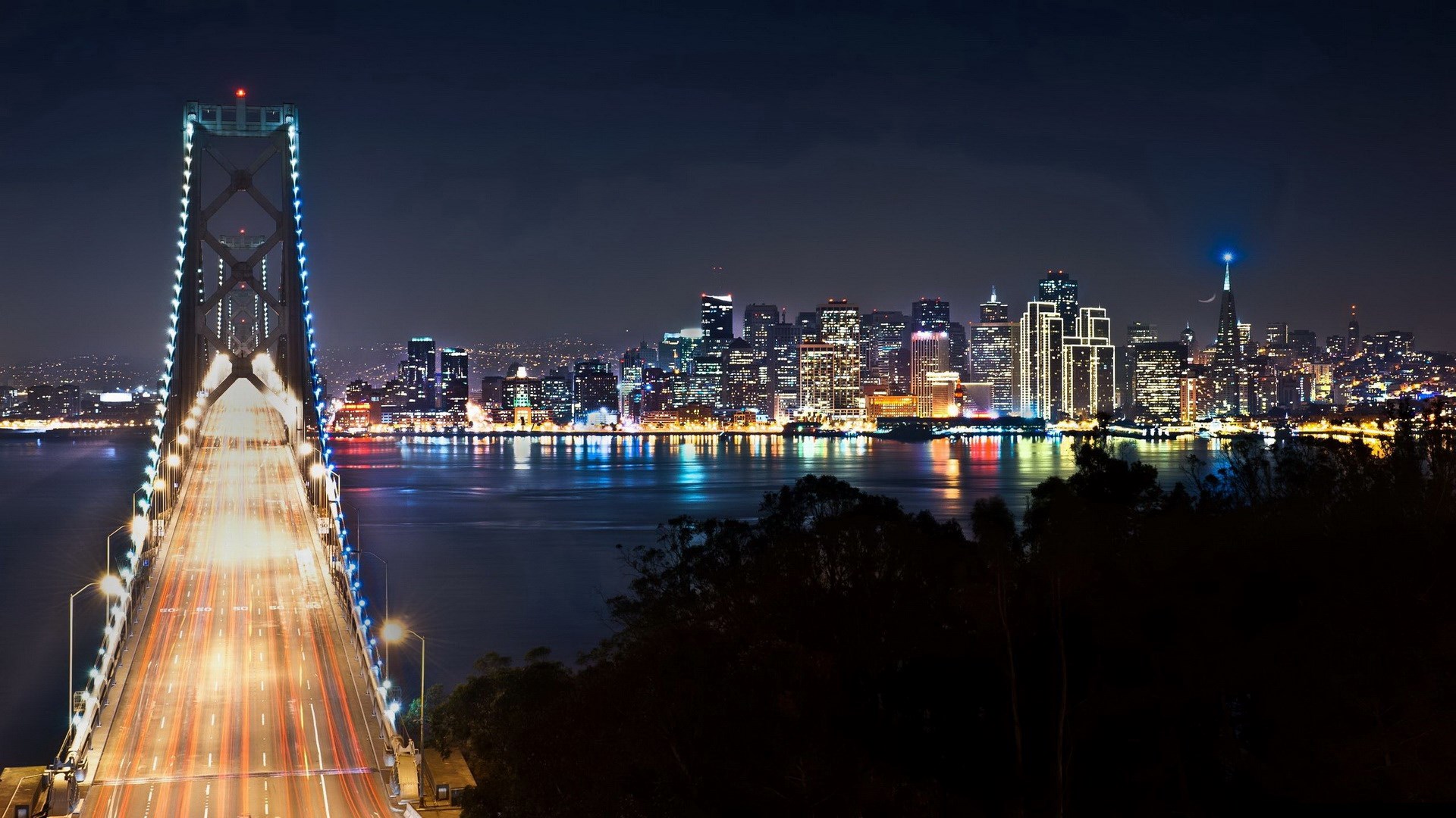 San Francisco Bay Bridge and Skyline at Night HD Wallpaper