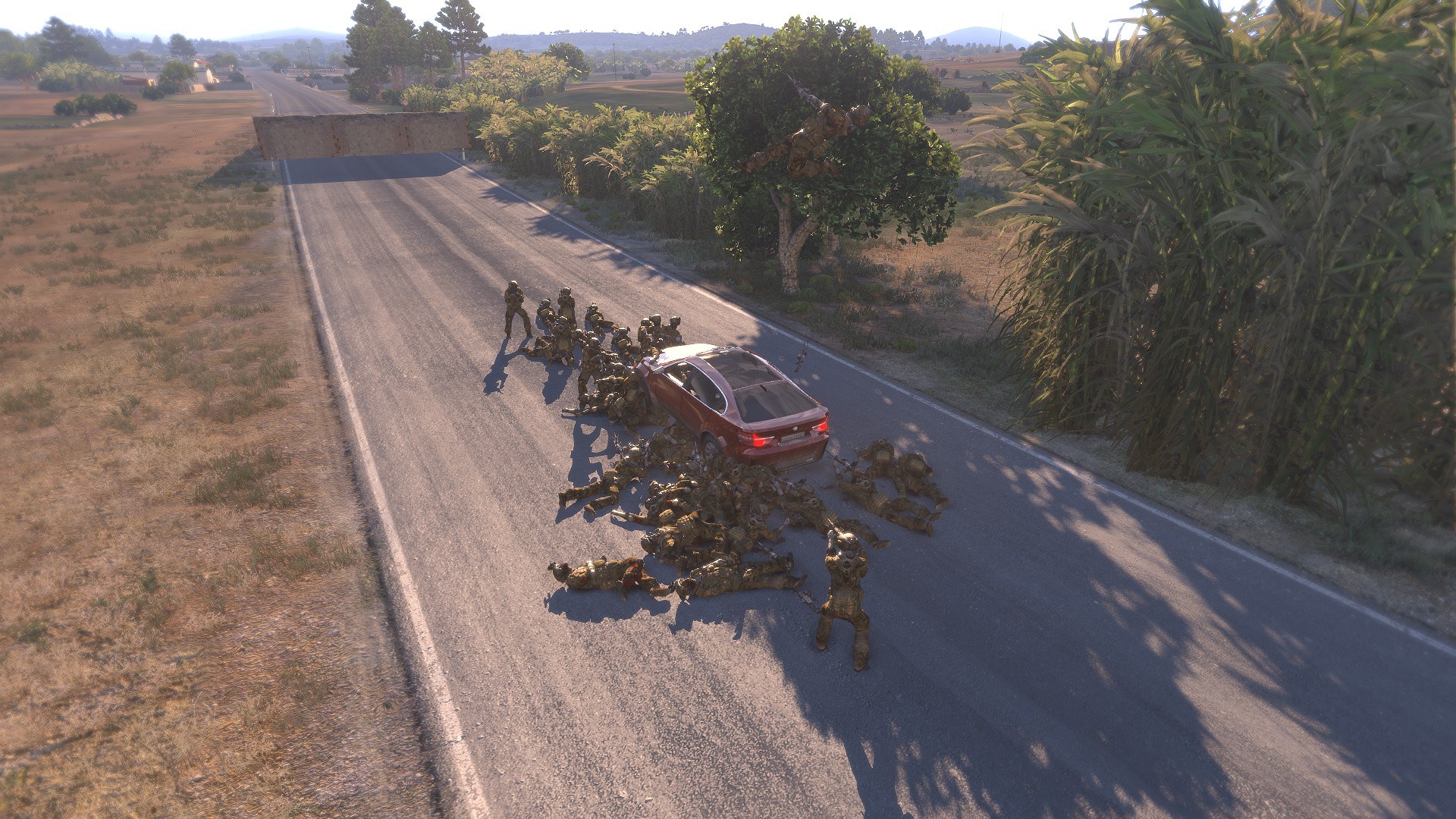 Arma 3 soldiers surrounding a car on a road HD Wallpaper