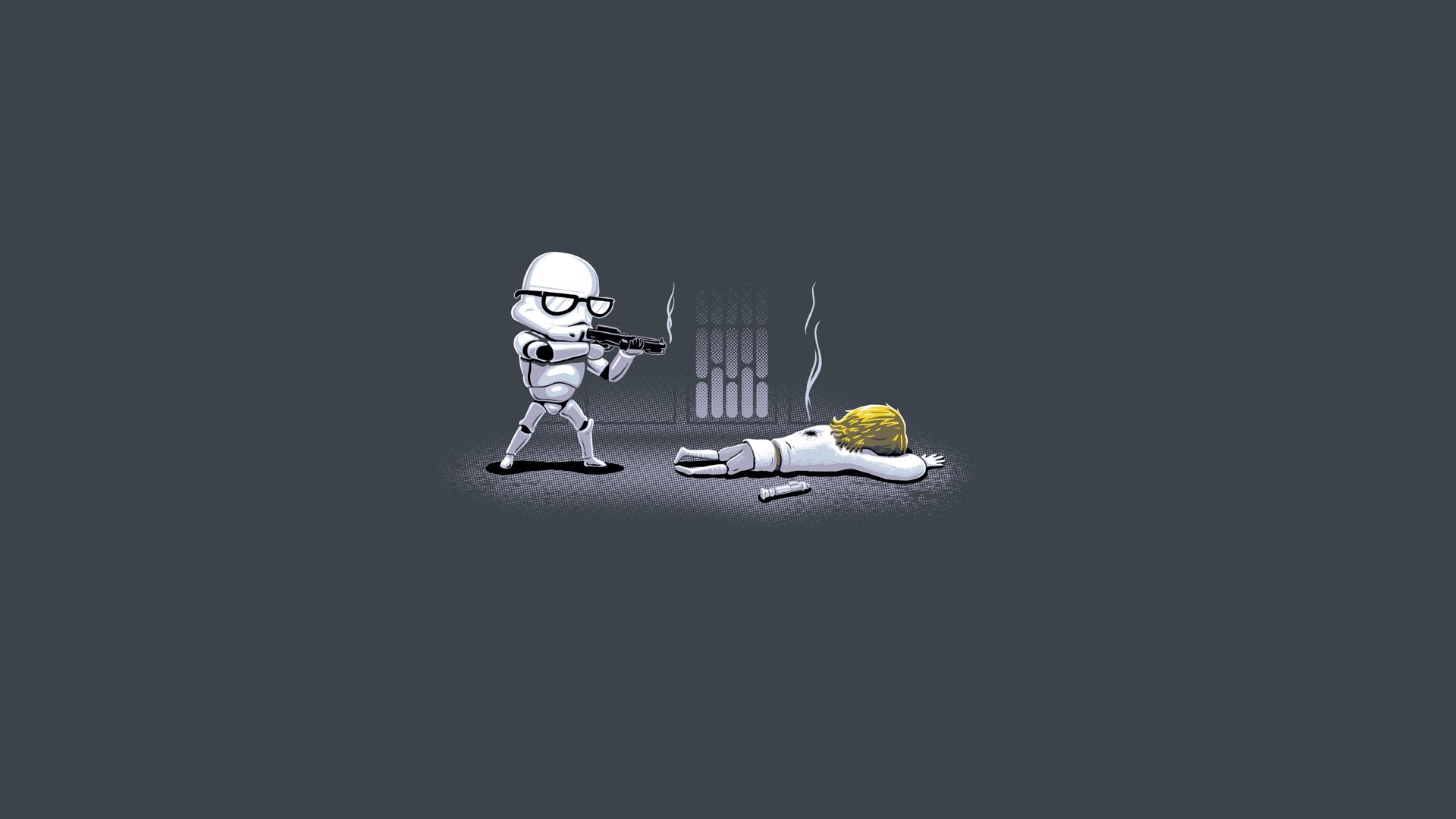 Stormtrooper with glasses aims at fallen Luke Skywalker HD Wallpaper