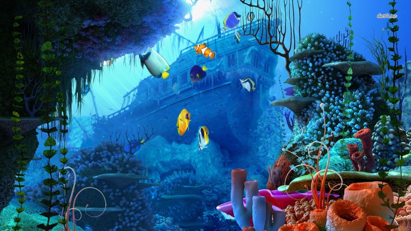 Underwater shipwreck with colorful fish and coral HD Wallpaper