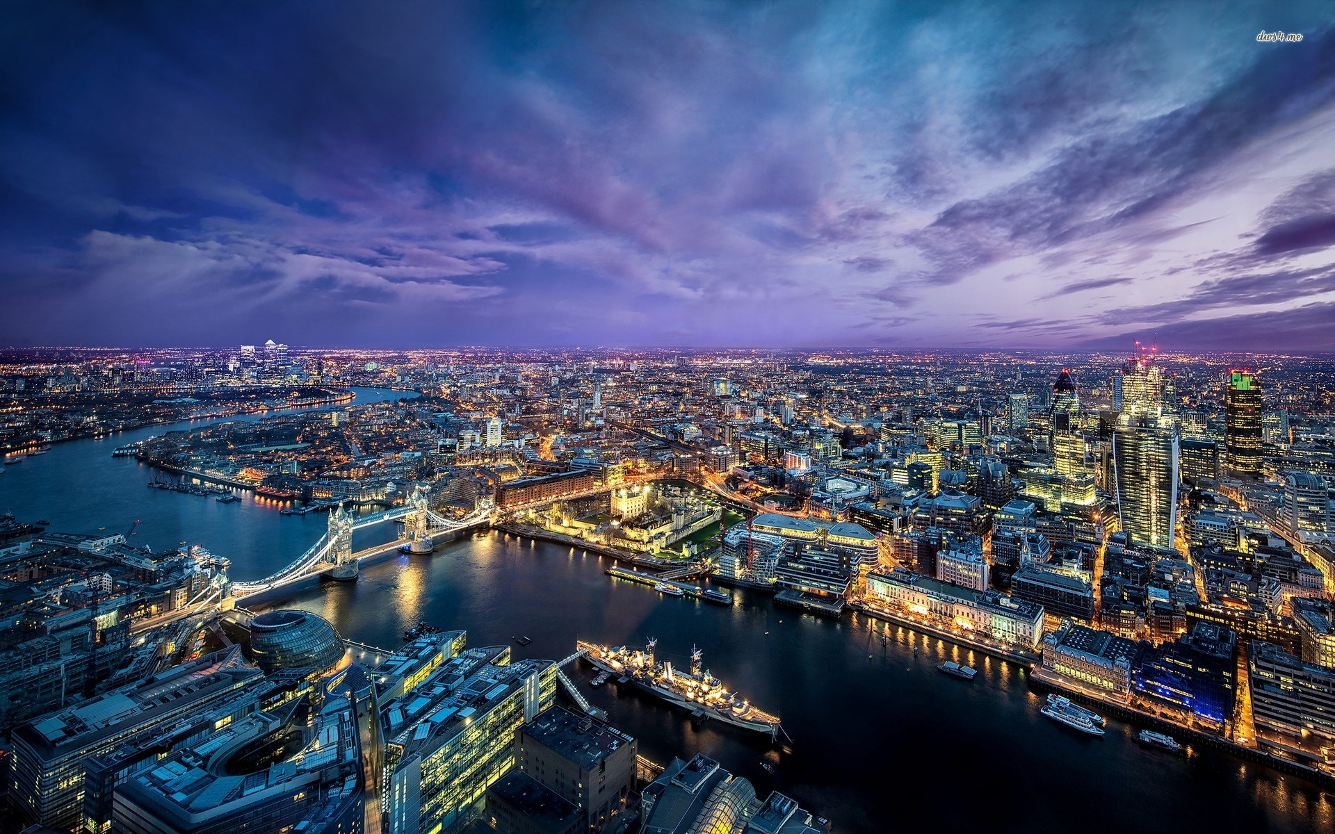 Aerial view of London skyline at dusk with Tower Bridge HD Wallpaper