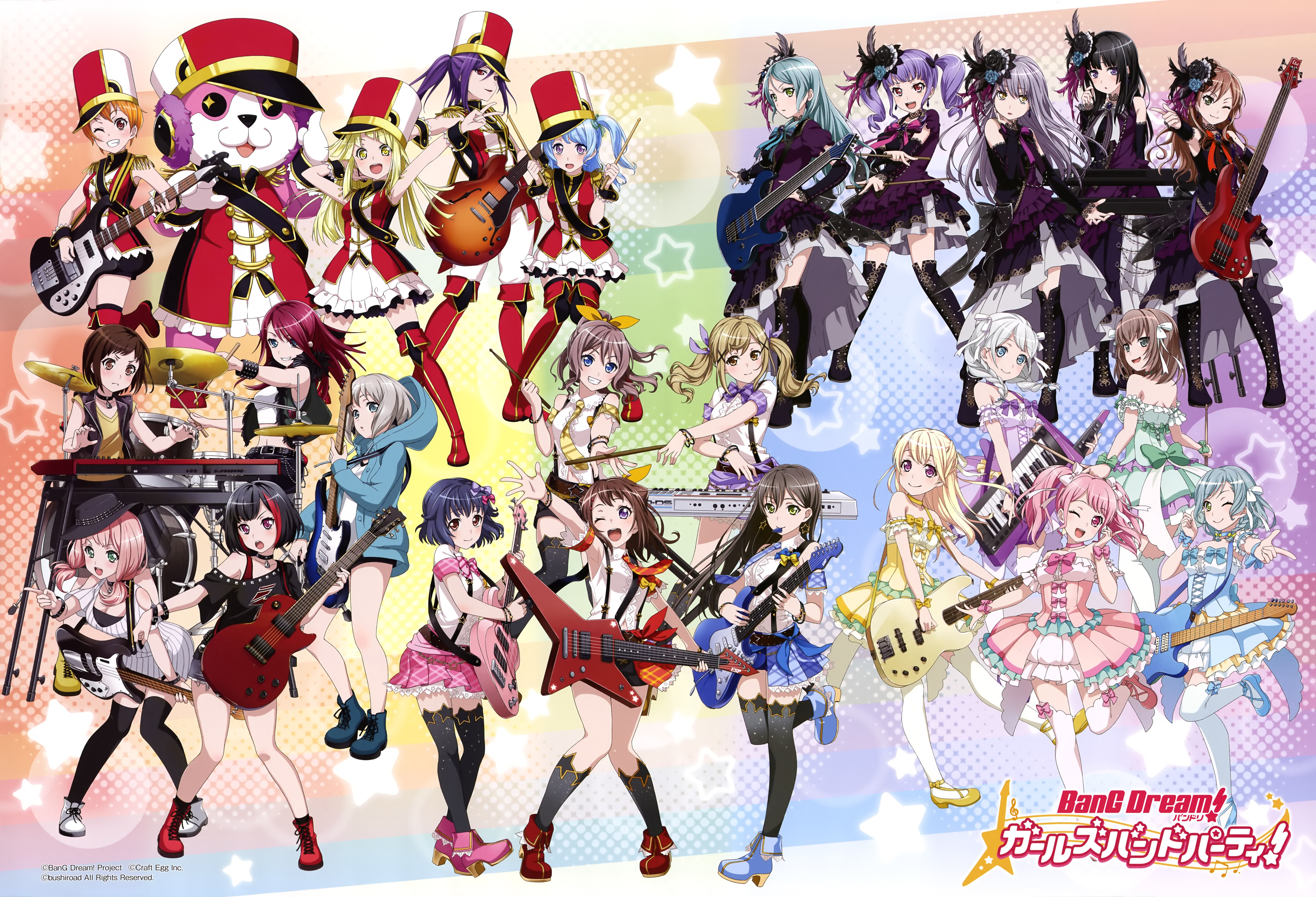 Girls Band Party! characters playing instruments HD Wallpaper