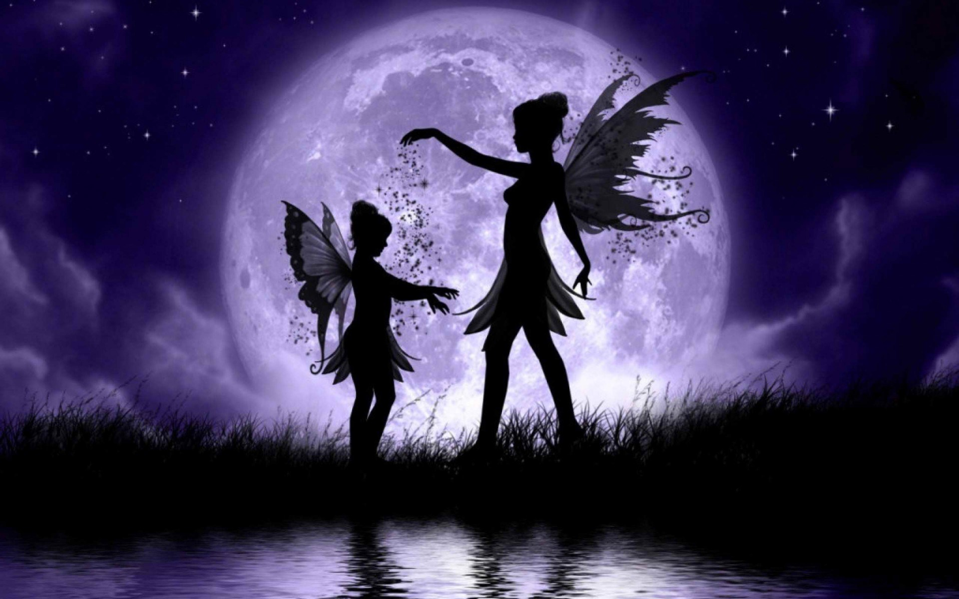 Two fairies silhouetted against a large moon HD Wallpaper