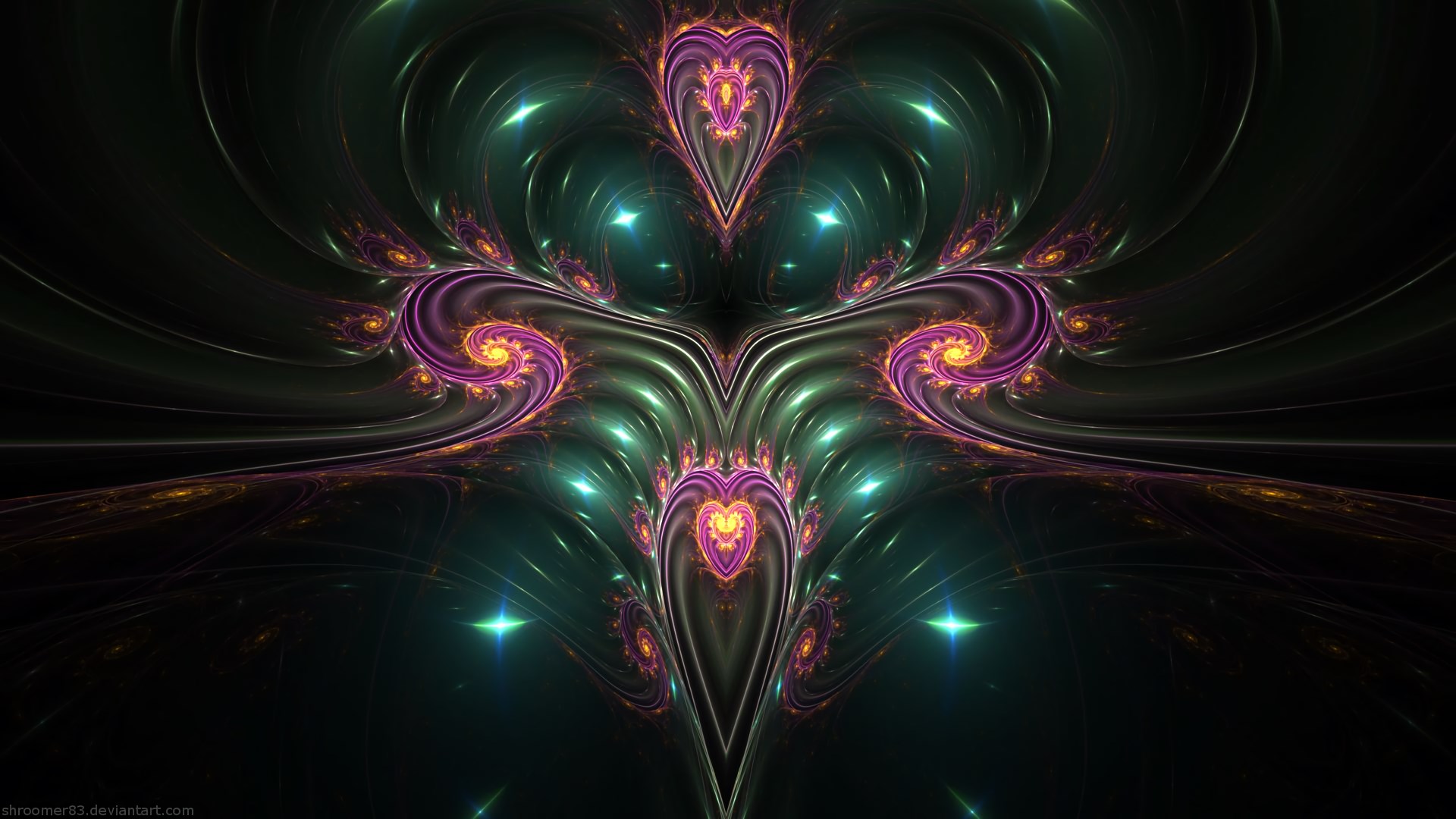 Fractal art with purple and green hearts HD Wallpaper
