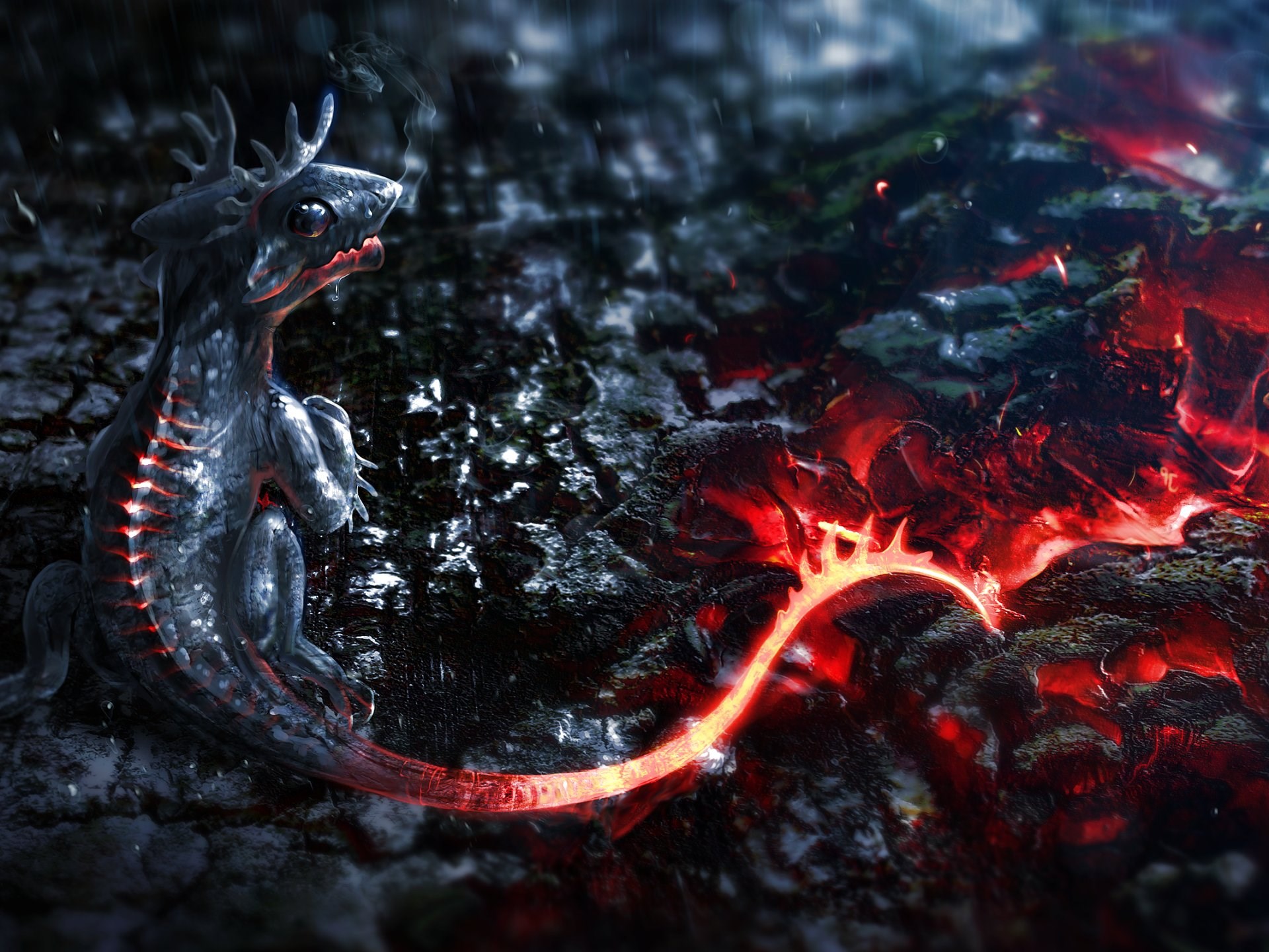 Dragon creature near lava HD Wallpaper