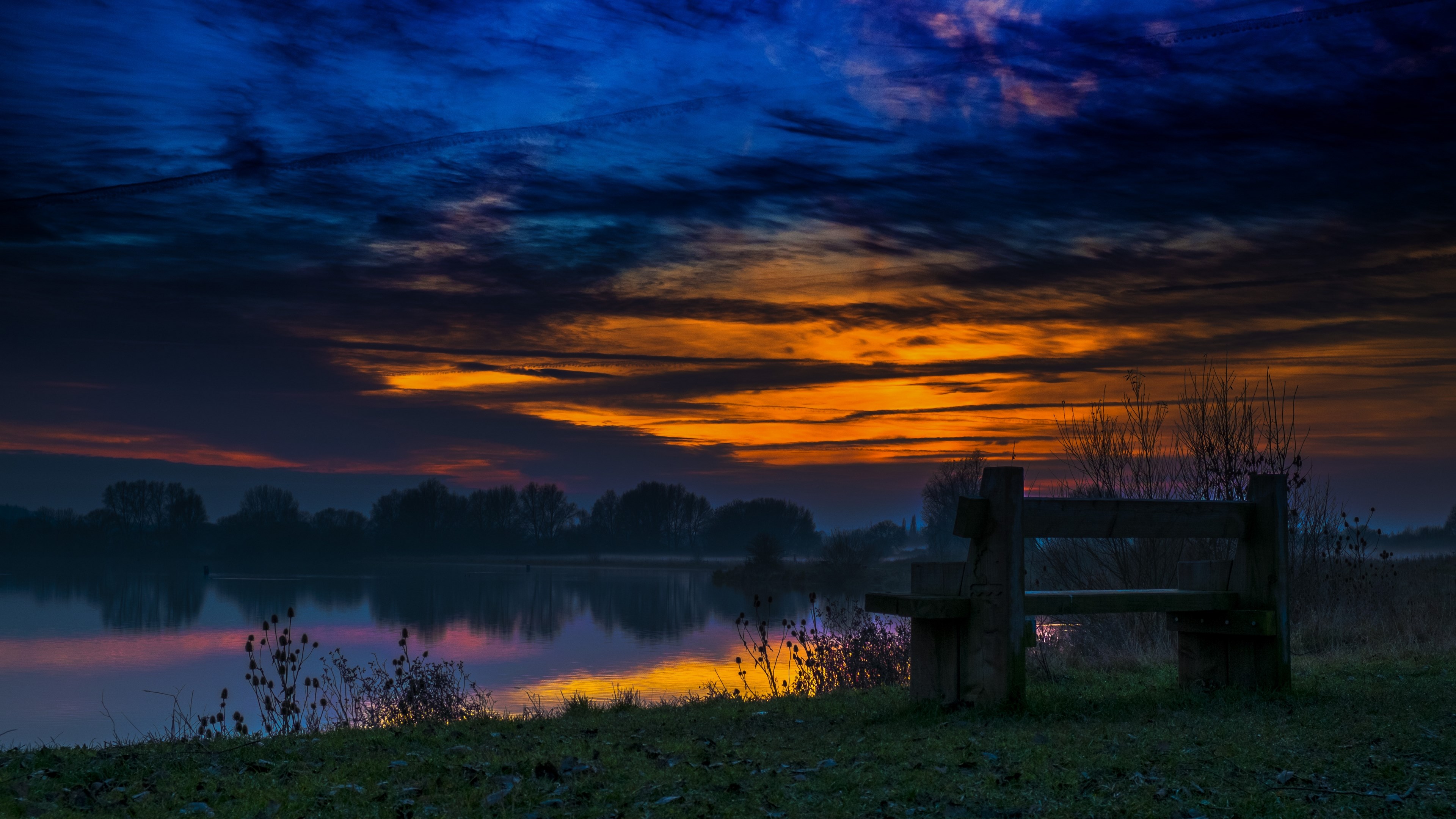 4K Windows HD Sunset Over Lake with Bench HD Wallpaper