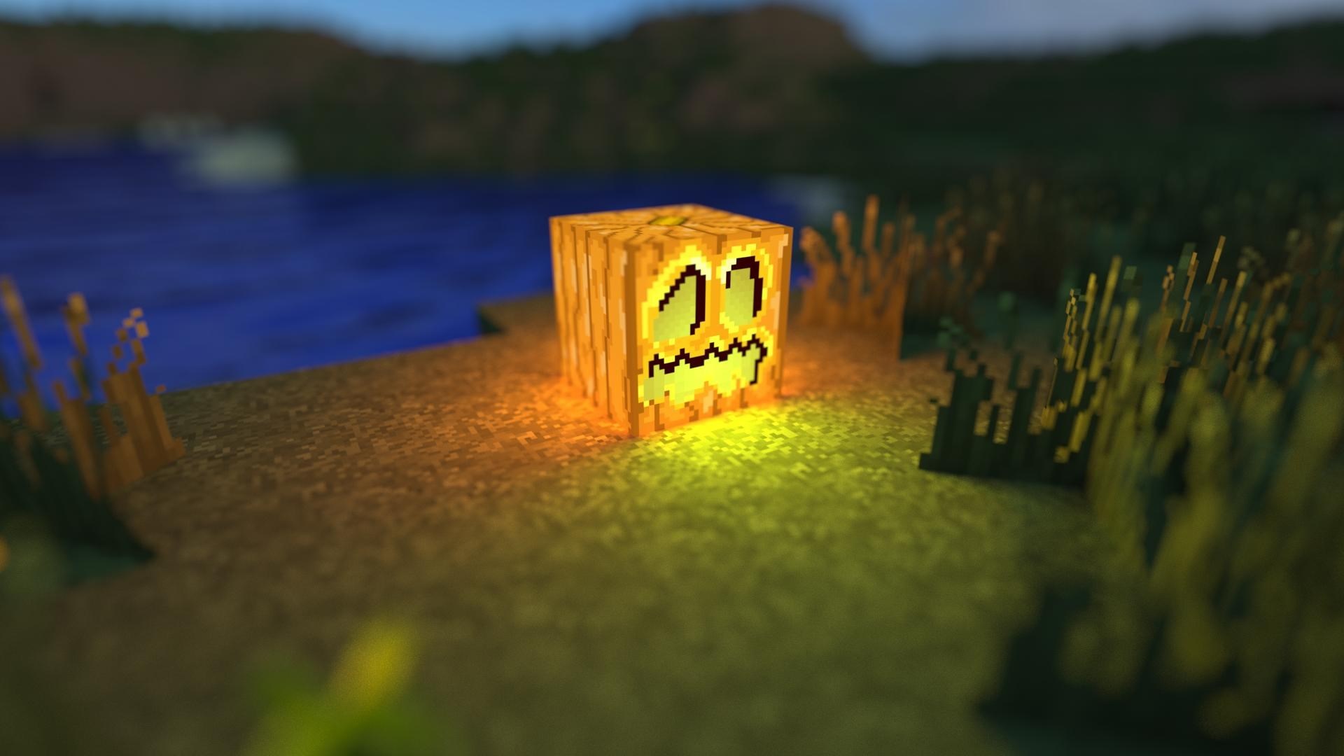 Minecraft Jack-o'-lantern by a lake HD Wallpaper