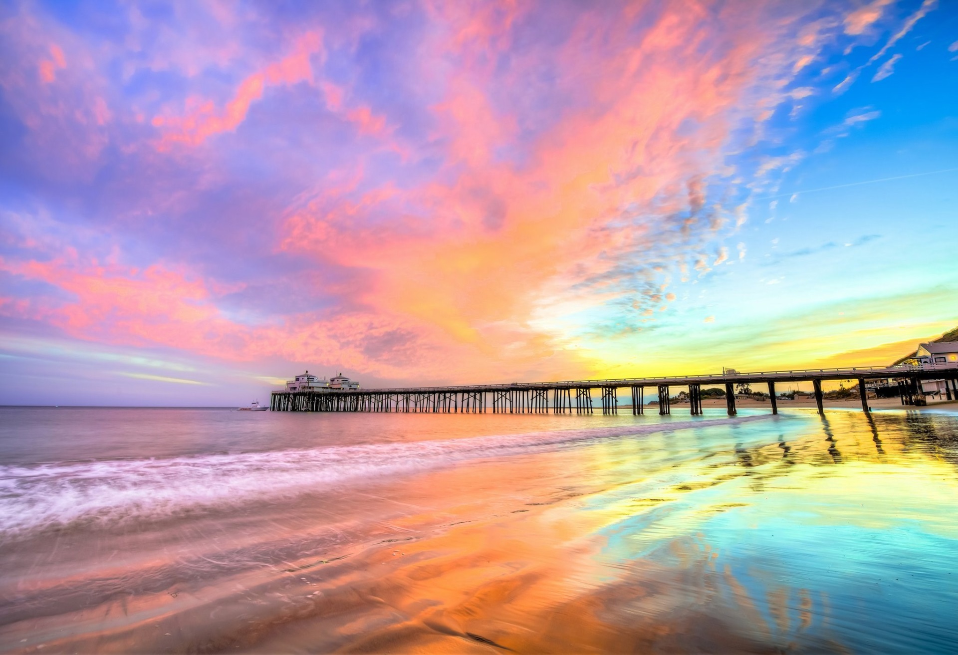 Malibu Pier at Sunset with Colorful Sky HD Wallpaper