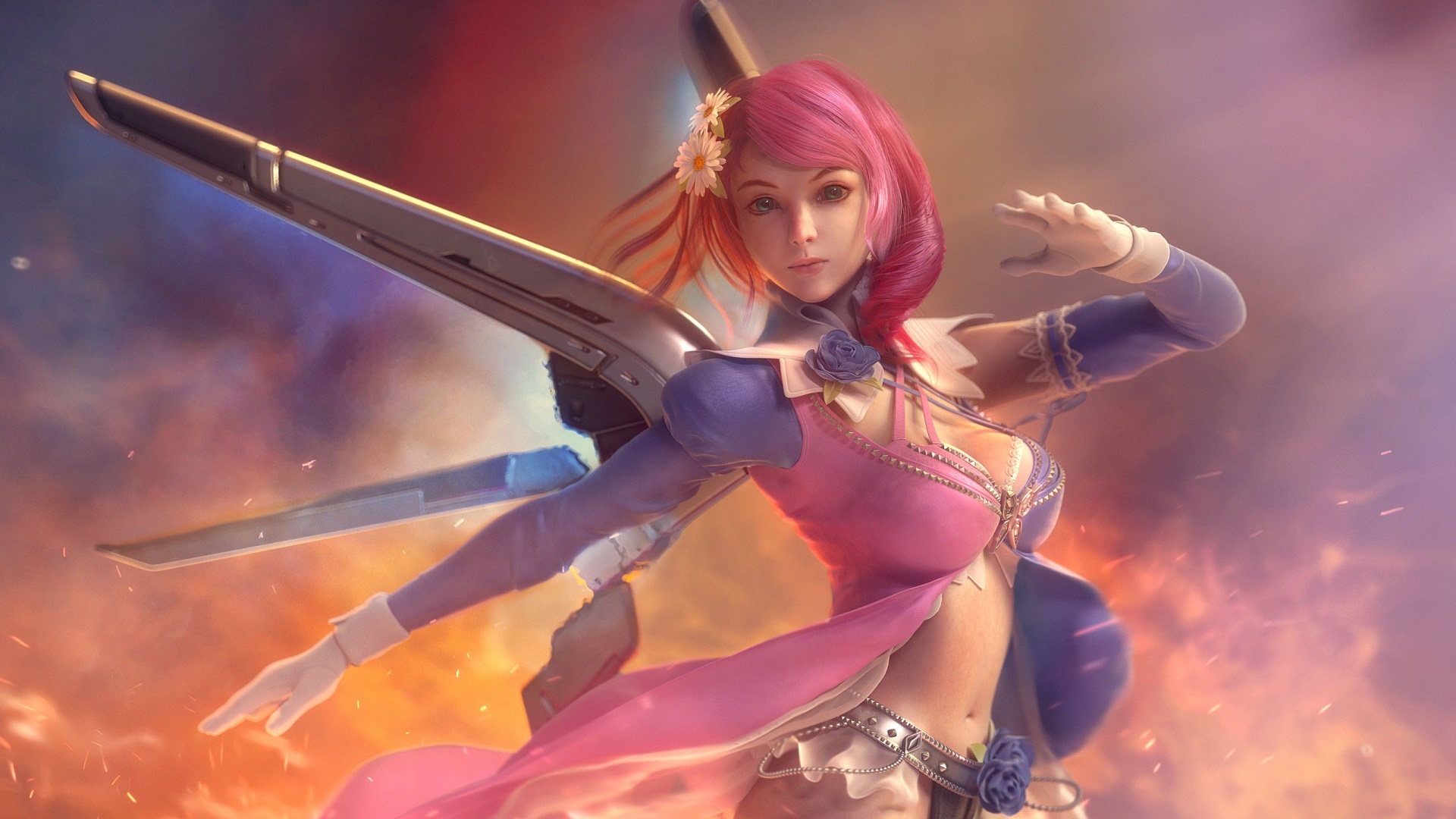 Fantasy girl with pink hair and sword HD Wallpaper