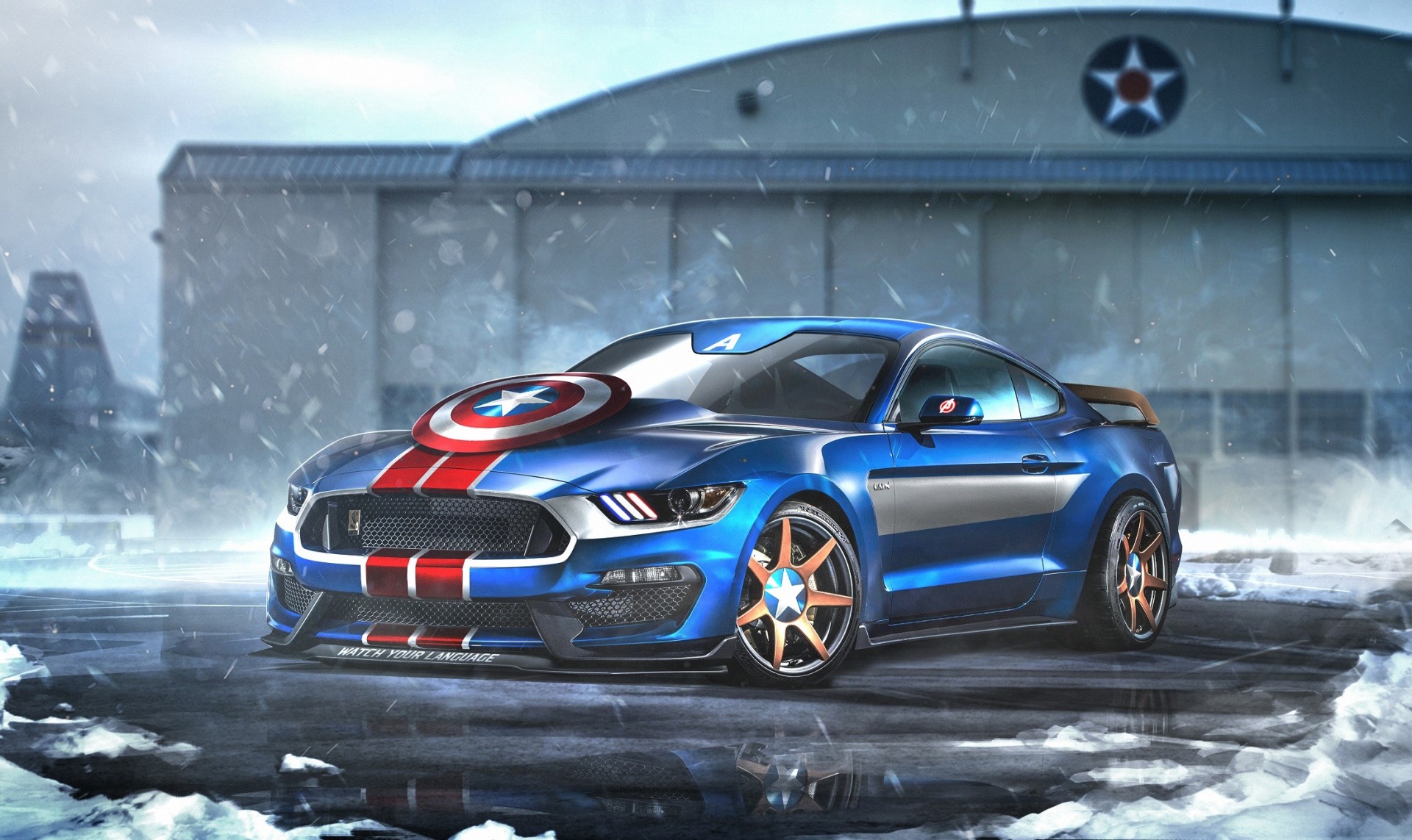 Captain America themed Ford Mustang in front of hangar HD Wallpaper