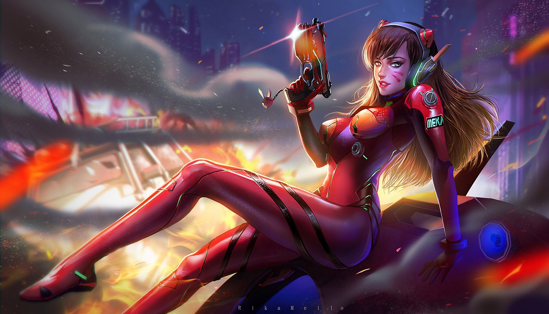 D.Va from Overwatch sitting on a mech HD Wallpaper