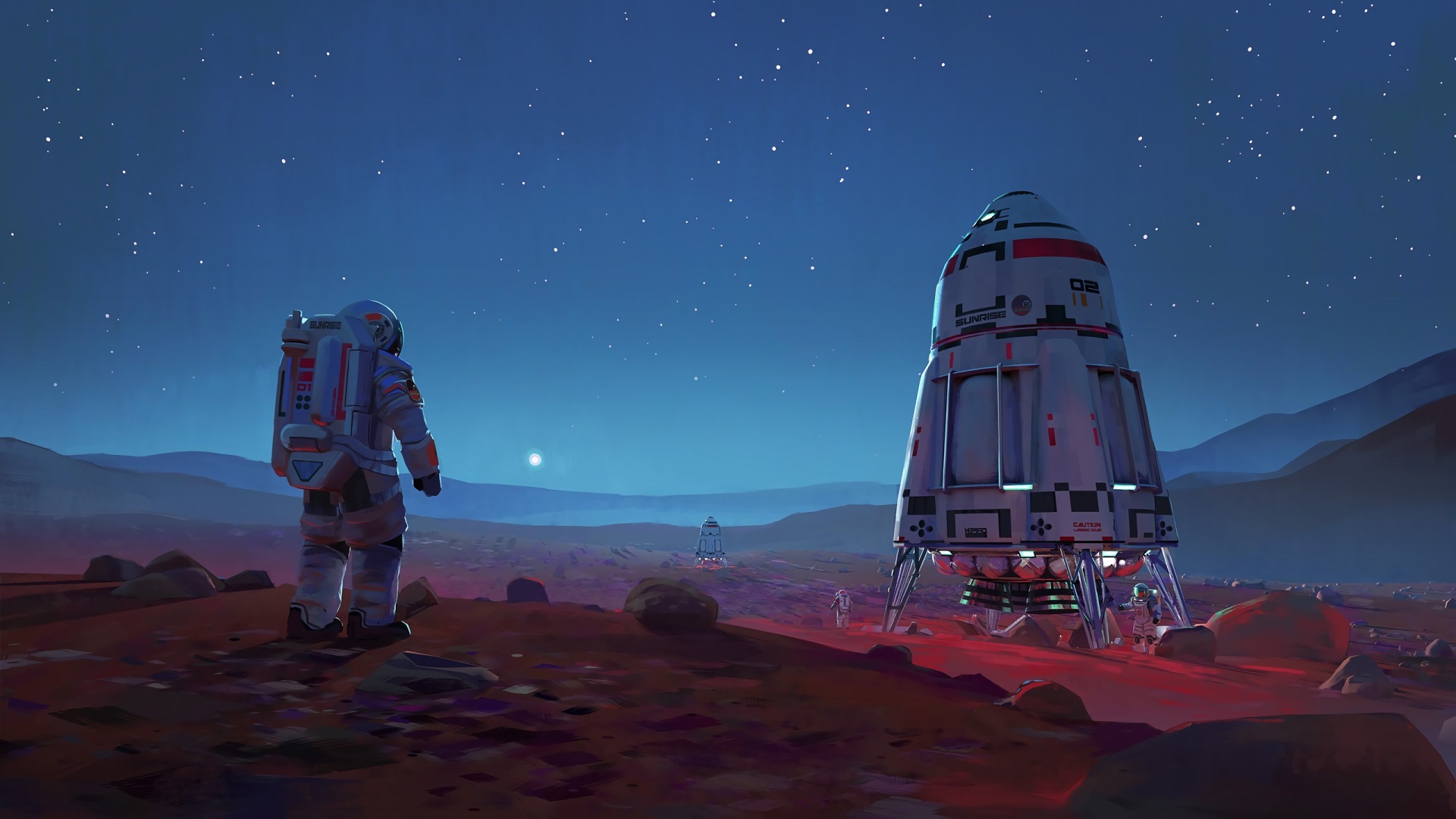 Astronaut on Mars with Spaceship and Stars HD Wallpaper