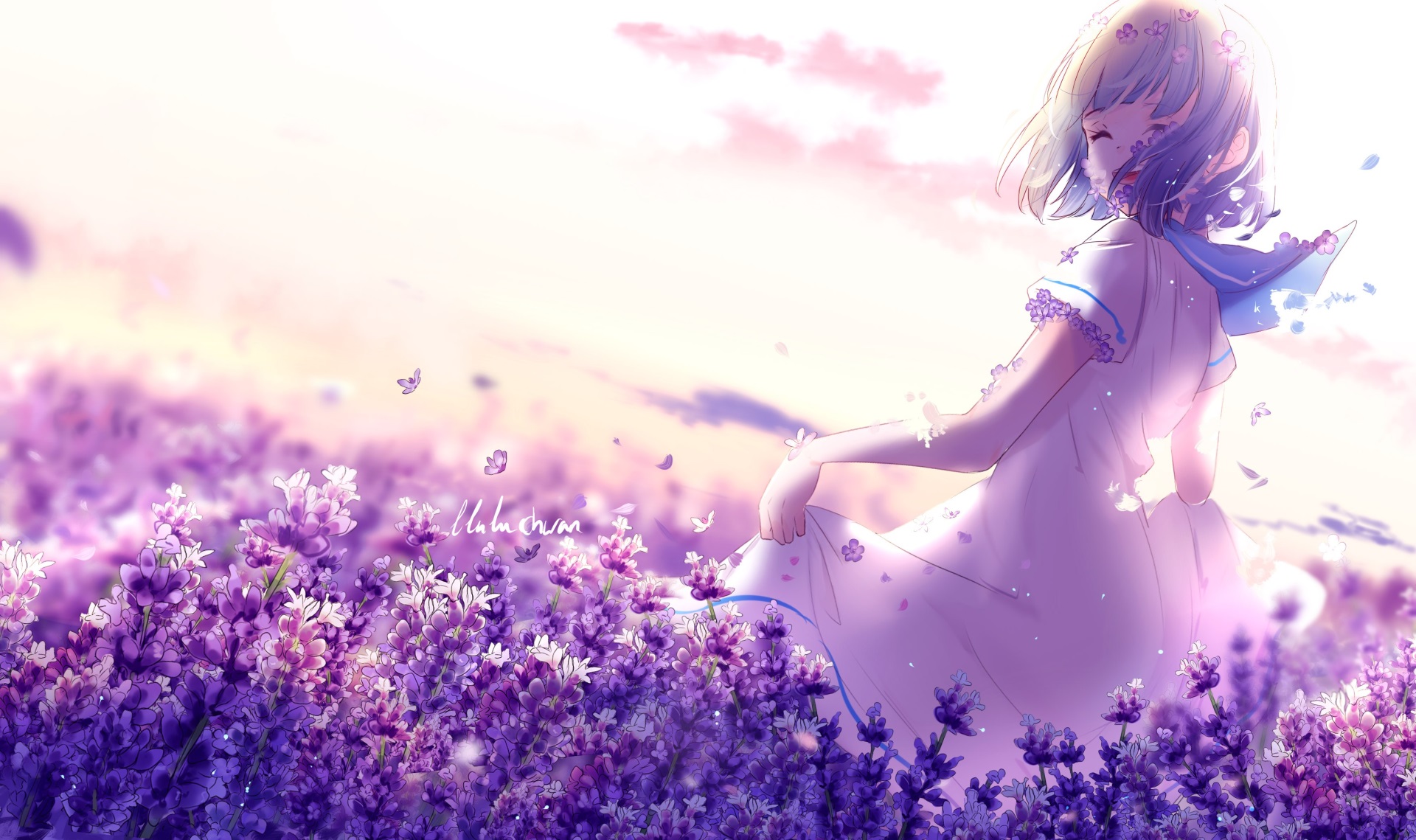 Anime girl in a lavender field HD Wallpaper