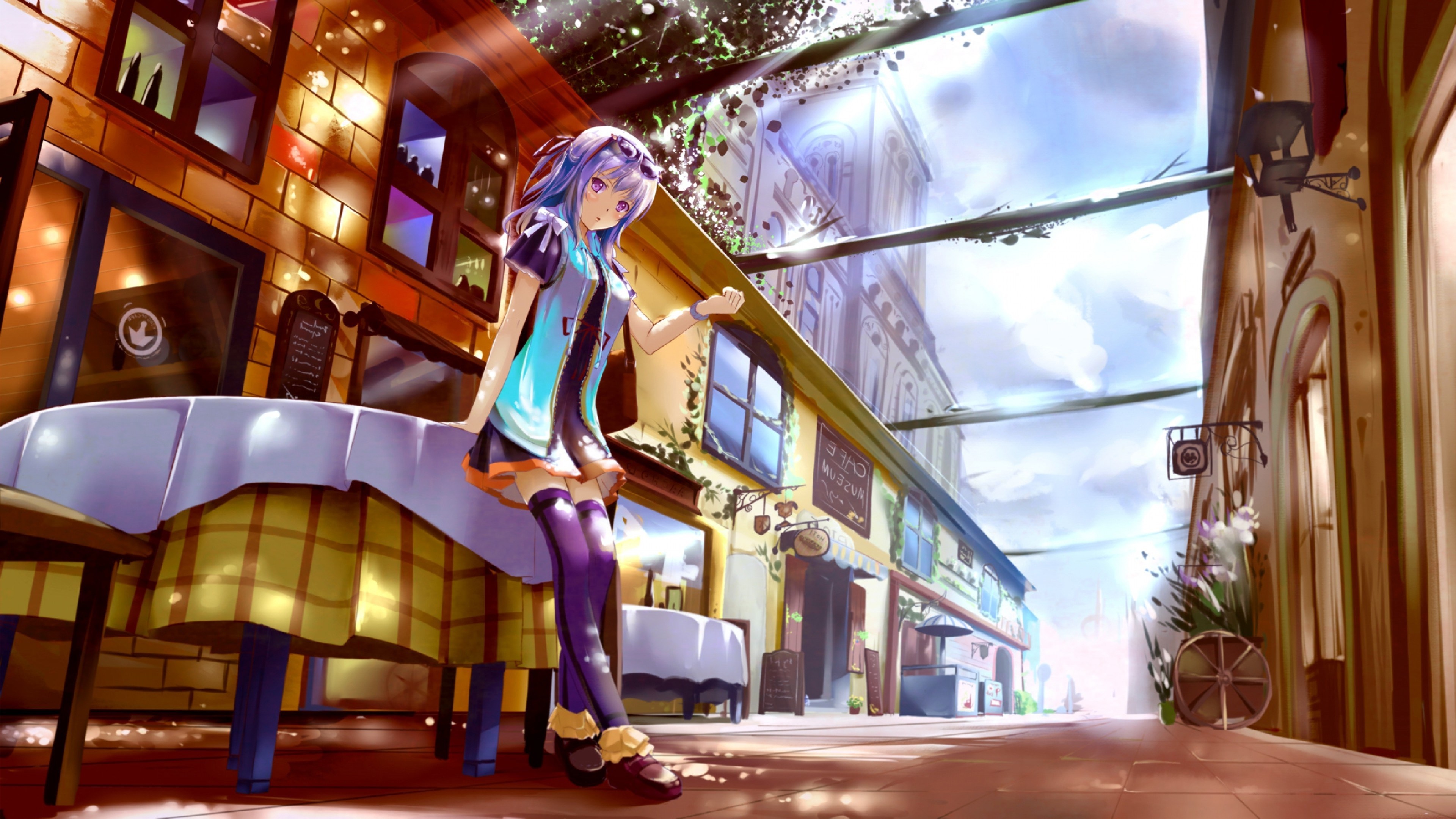 Anime girl in cafe on street 4K HD Wallpaper