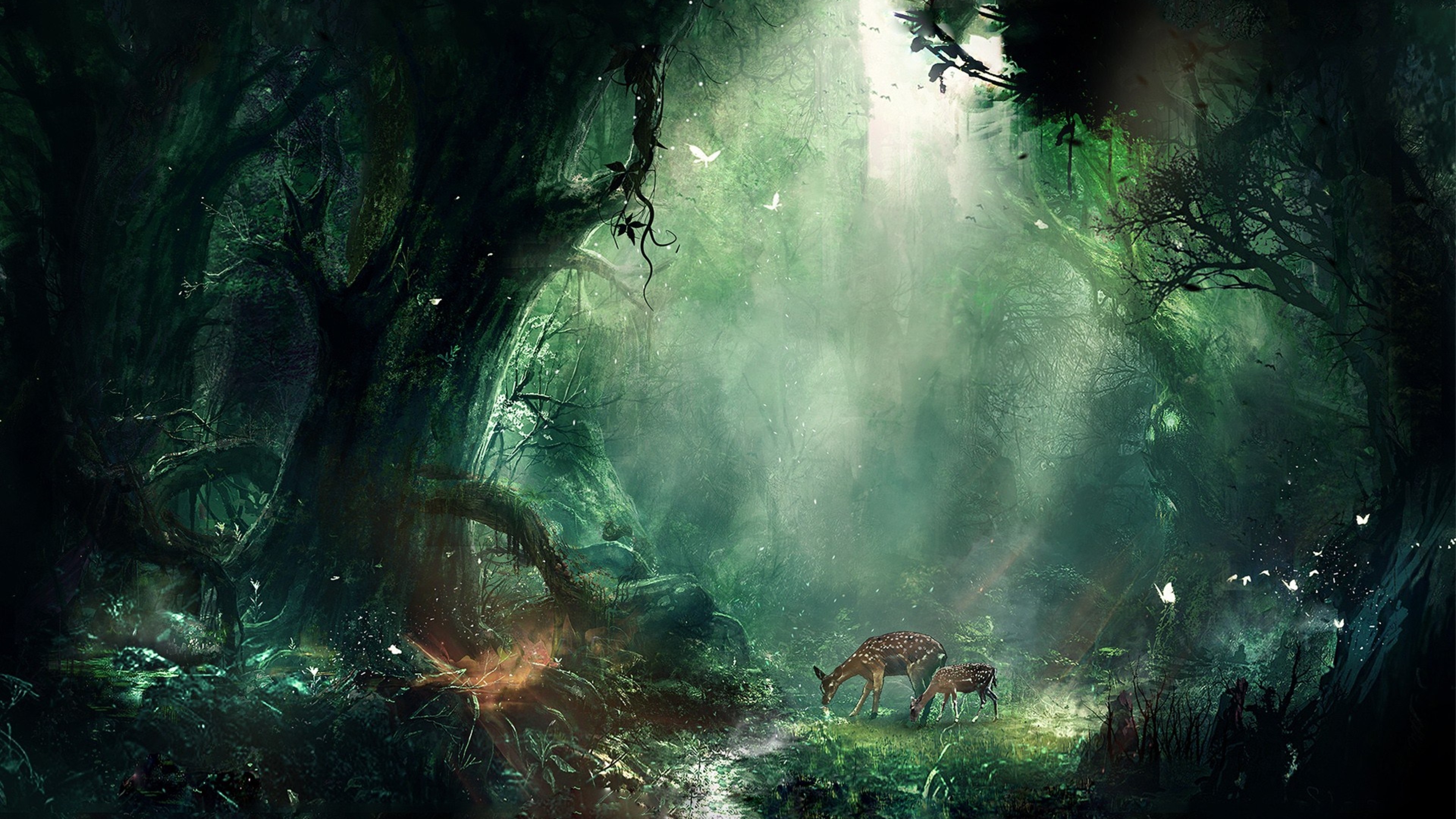 4K Creative Forest Scene with Deer HD Wallpaper