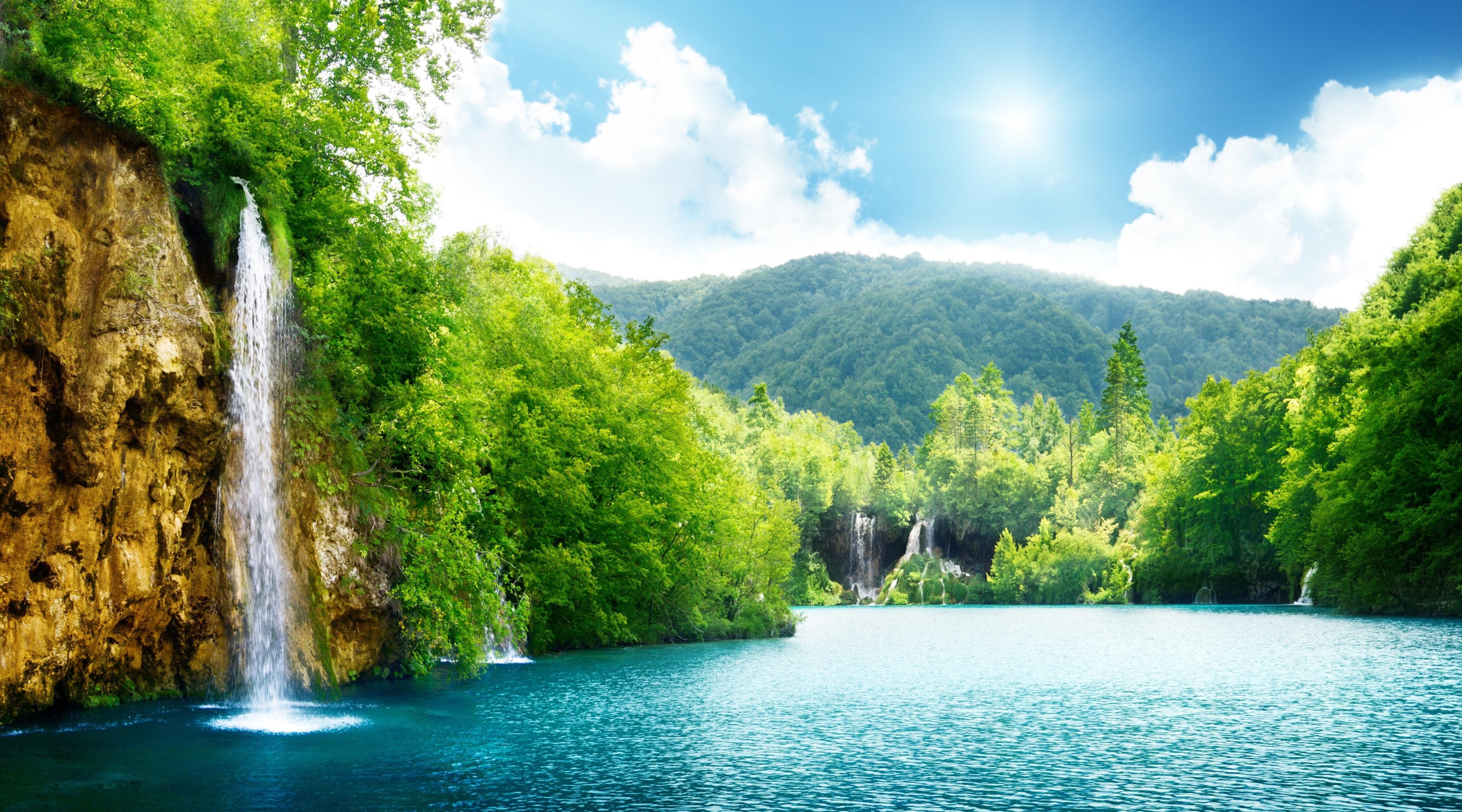 Waterfall lake and mountains 4K HD Wallpaper