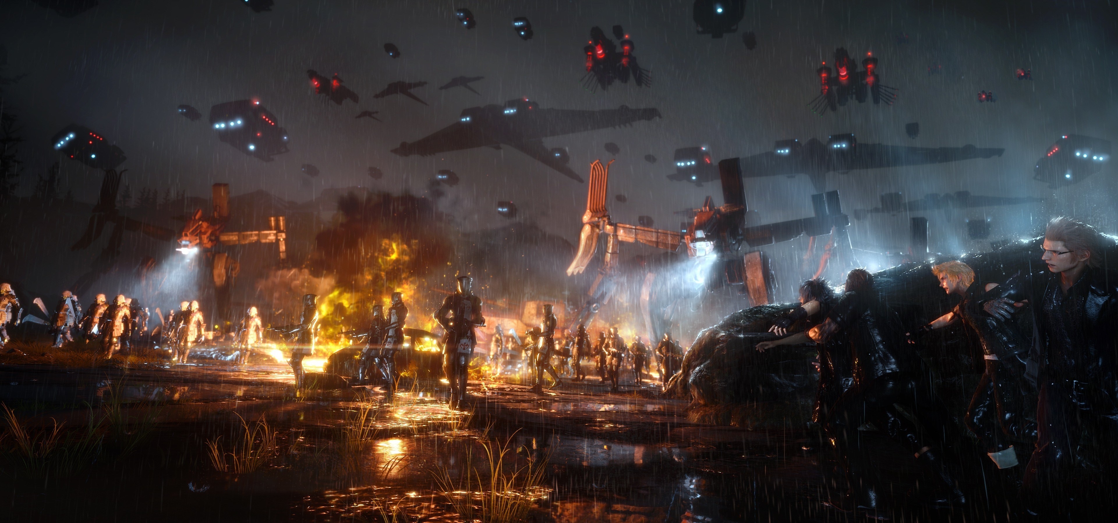 Final Fantasy XV characters in battle with airships HD Wallpaper