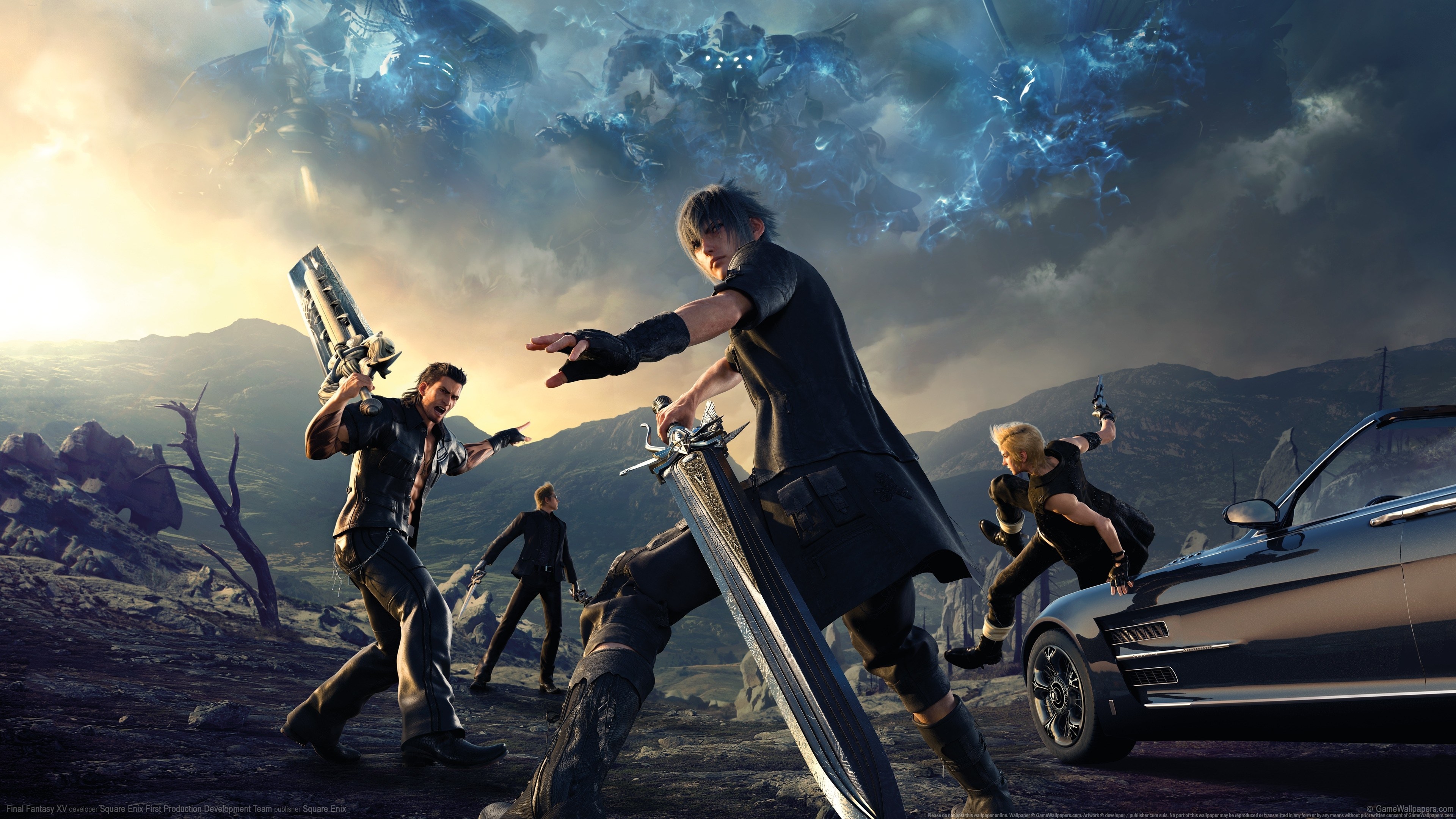 Final Fantasy XV 4K Group with Giant Monster and Car HD Wallpaper
