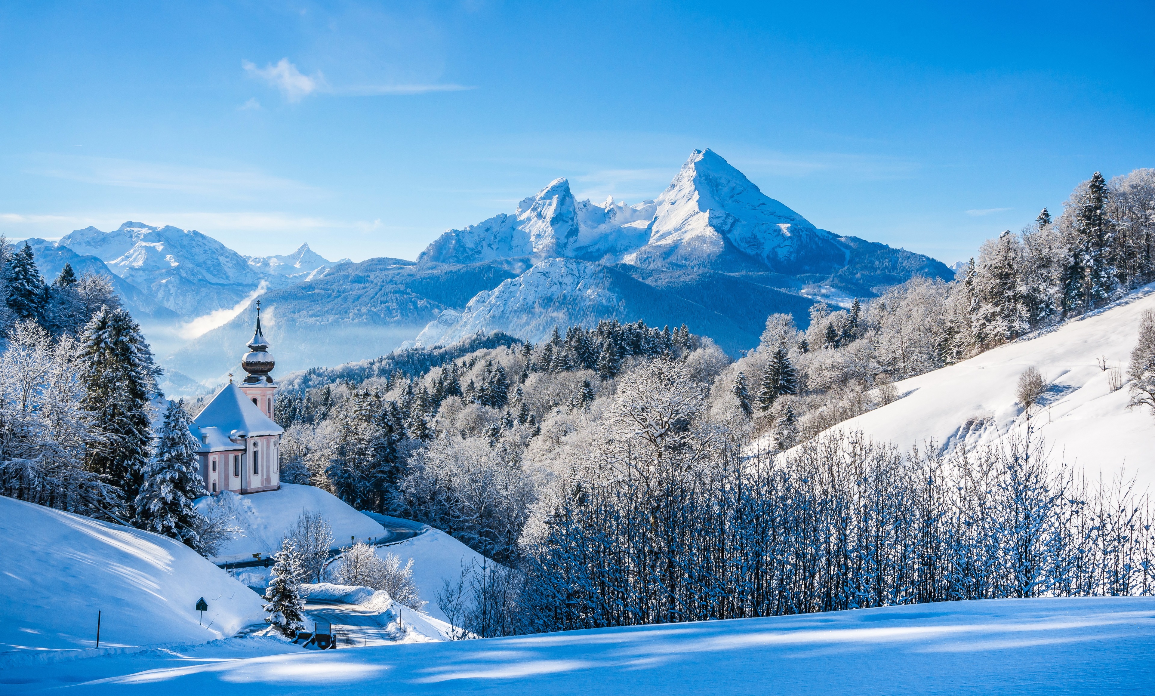 Winter church in Bavarian Alps 4K HD Wallpaper