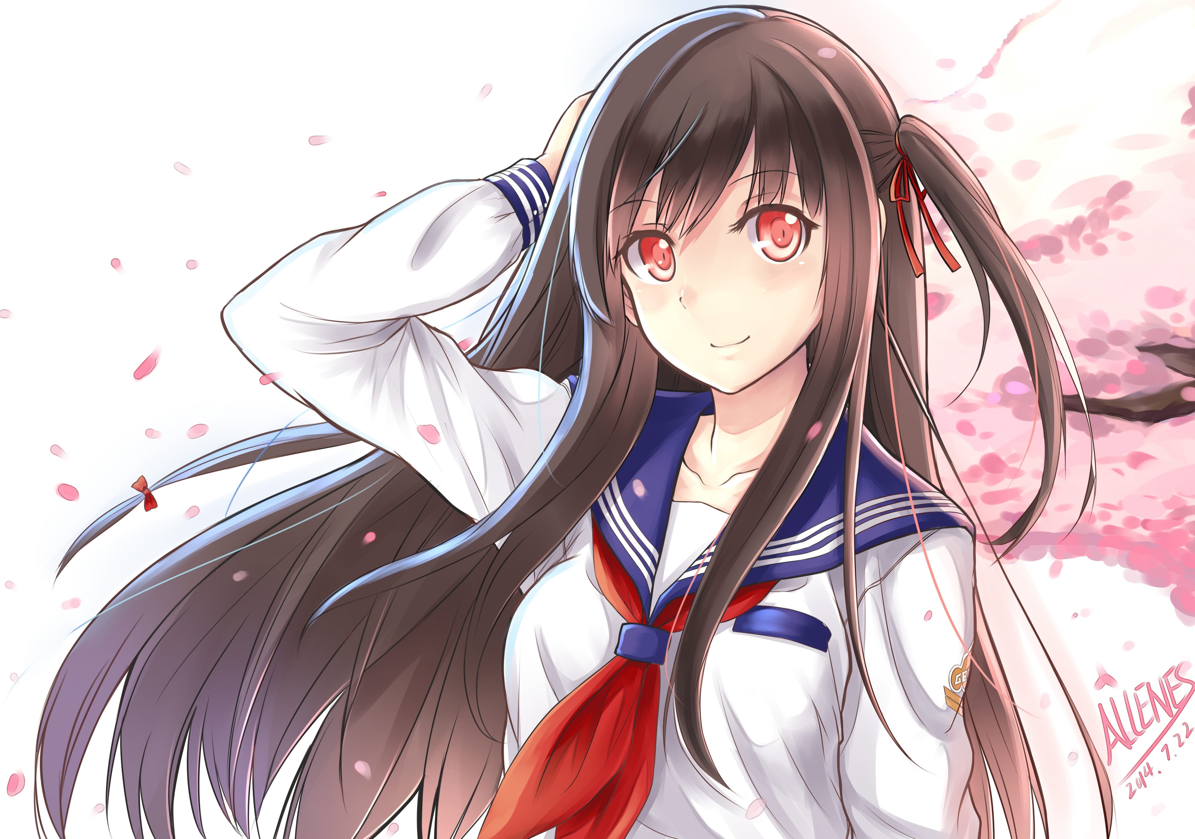 Anime girl with red eyes and cherry blossoms 4K HD Wallpaper