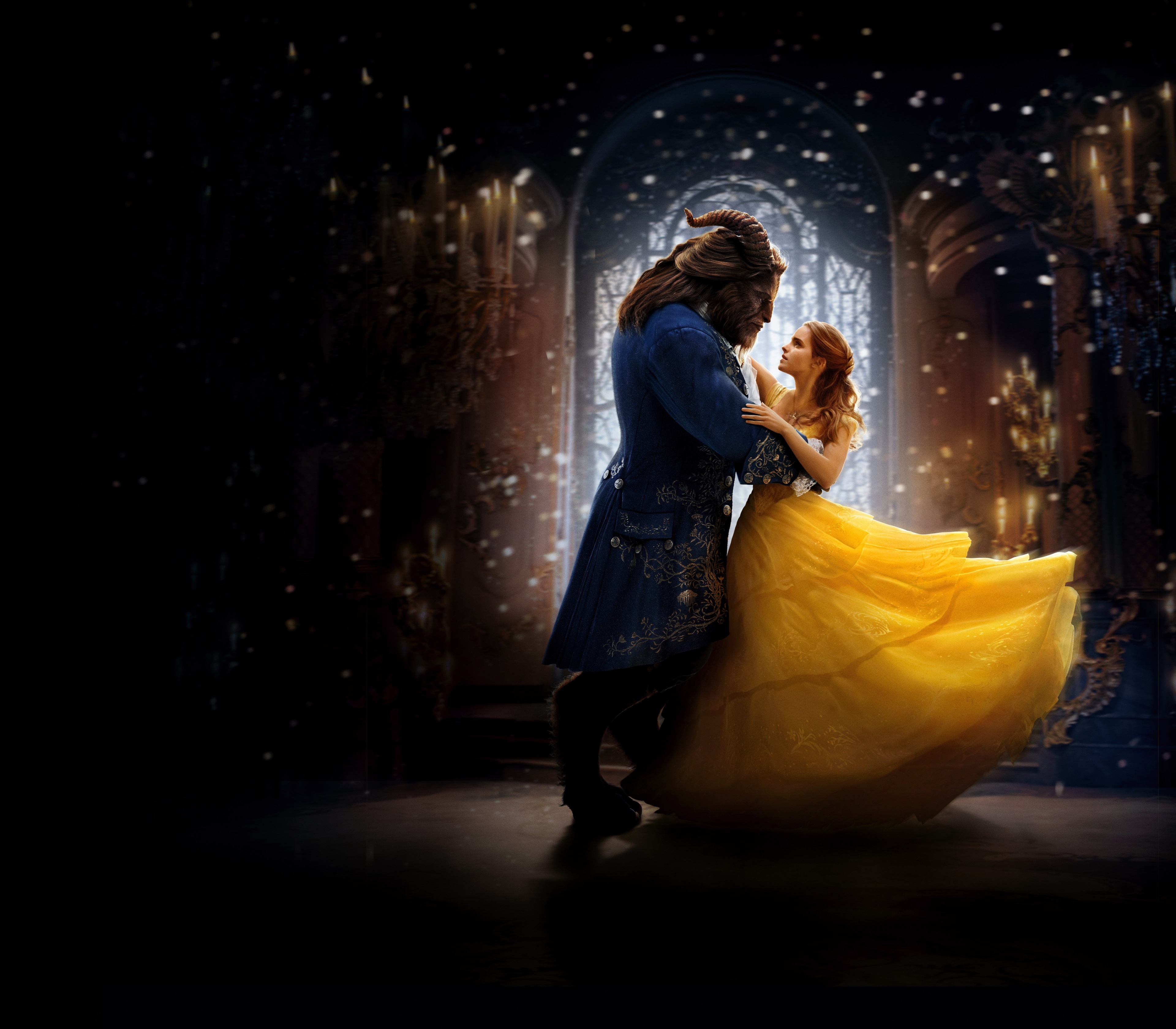 Belle and Beast dancing in ballroom 4K HD Wallpaper