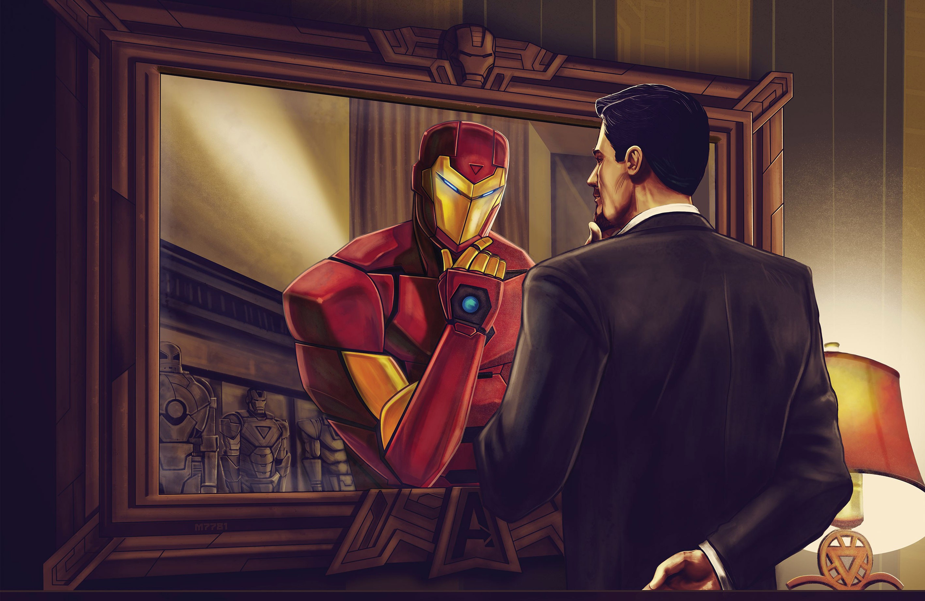 Iron Man in front of a mirror with suits HD Wallpaper