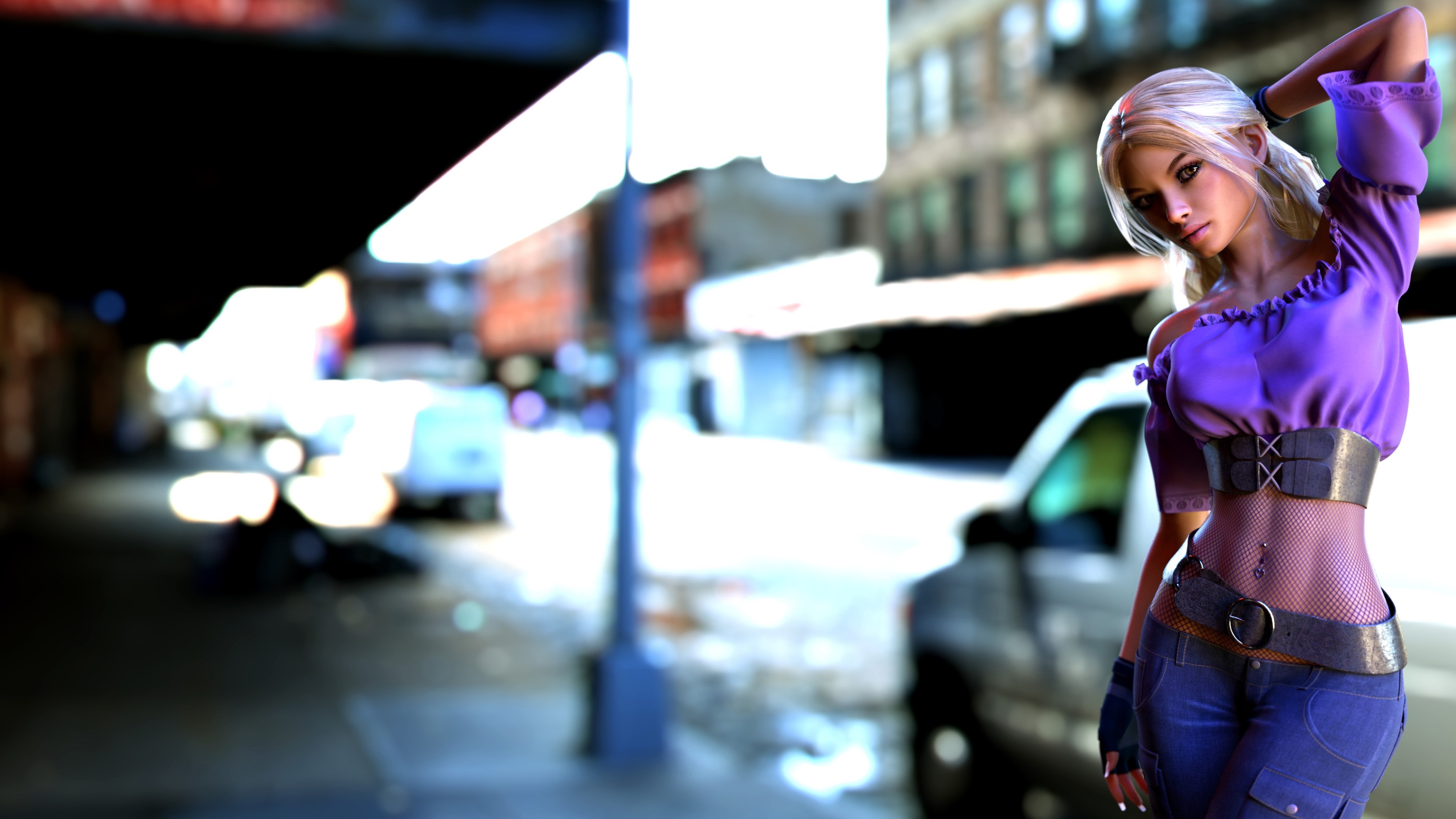 Woman in purple top and jeans on city street HD Wallpaper