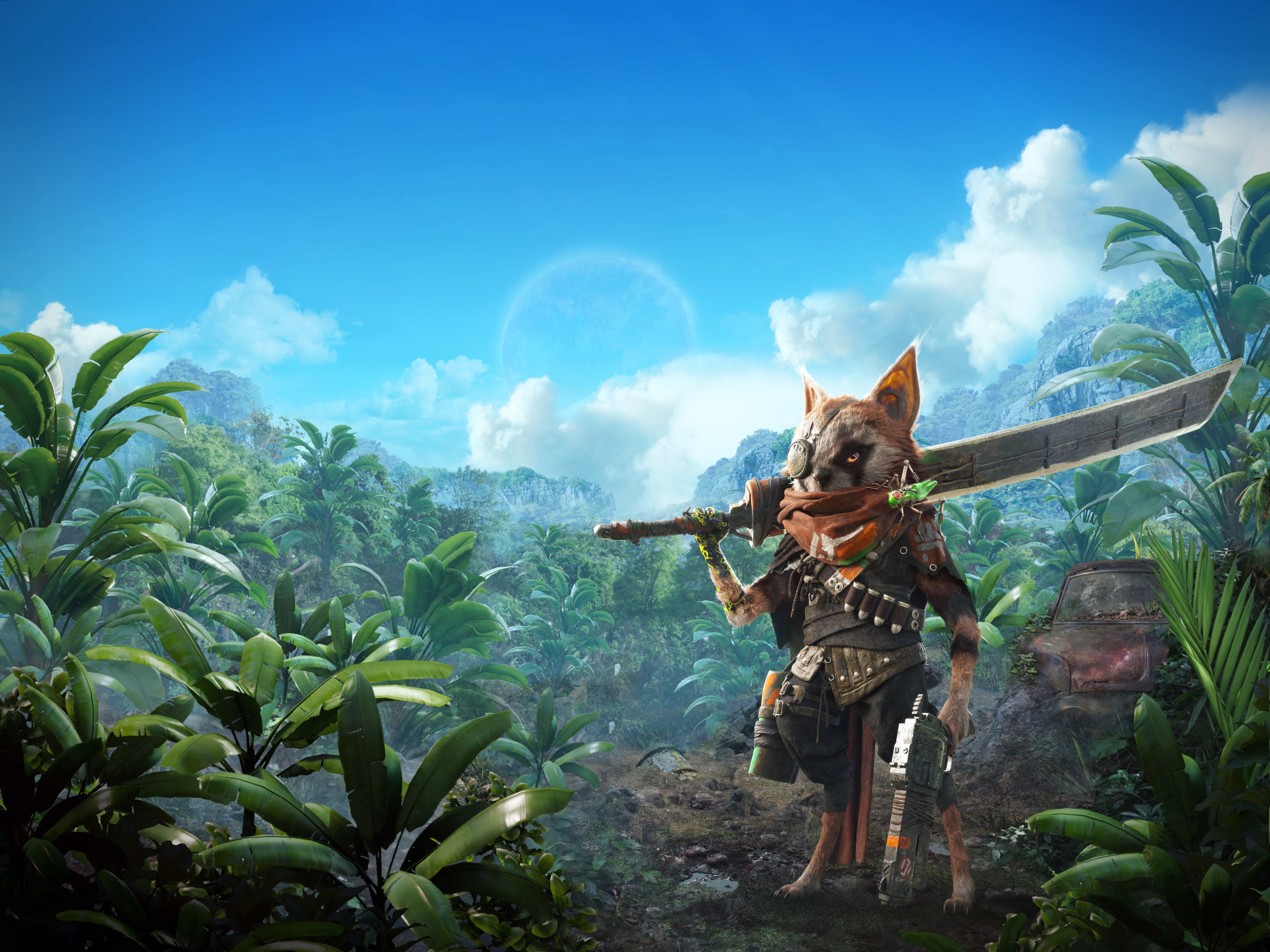 Biomutant character with sword and gun in jungle HD Wallpaper