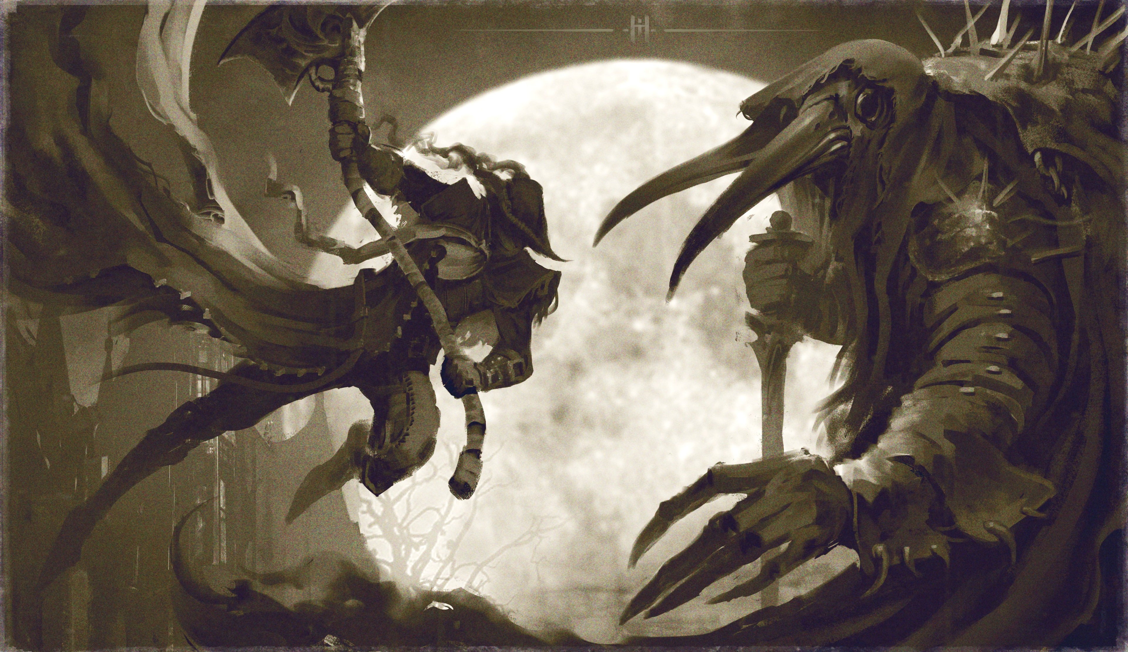 Two figures fighting under a large moon in Bloodborne 4K HD Wallpaper